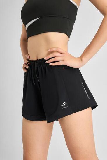 2-in-1 Sportshorts Damen mit Handy-Tasche & Innenhose Schwarz