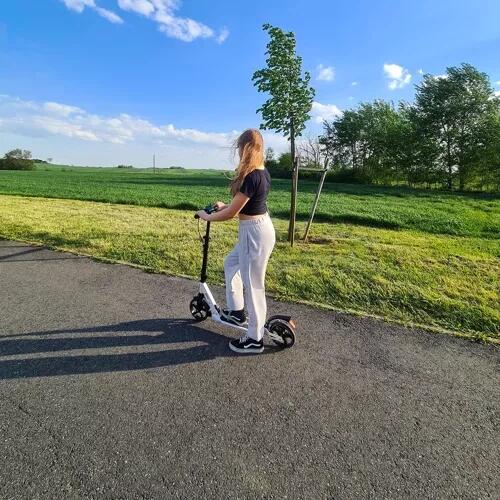Trotineta aluminiu, amortizor, suspensie, cric, frana ghidon, Alb, 2 Roti