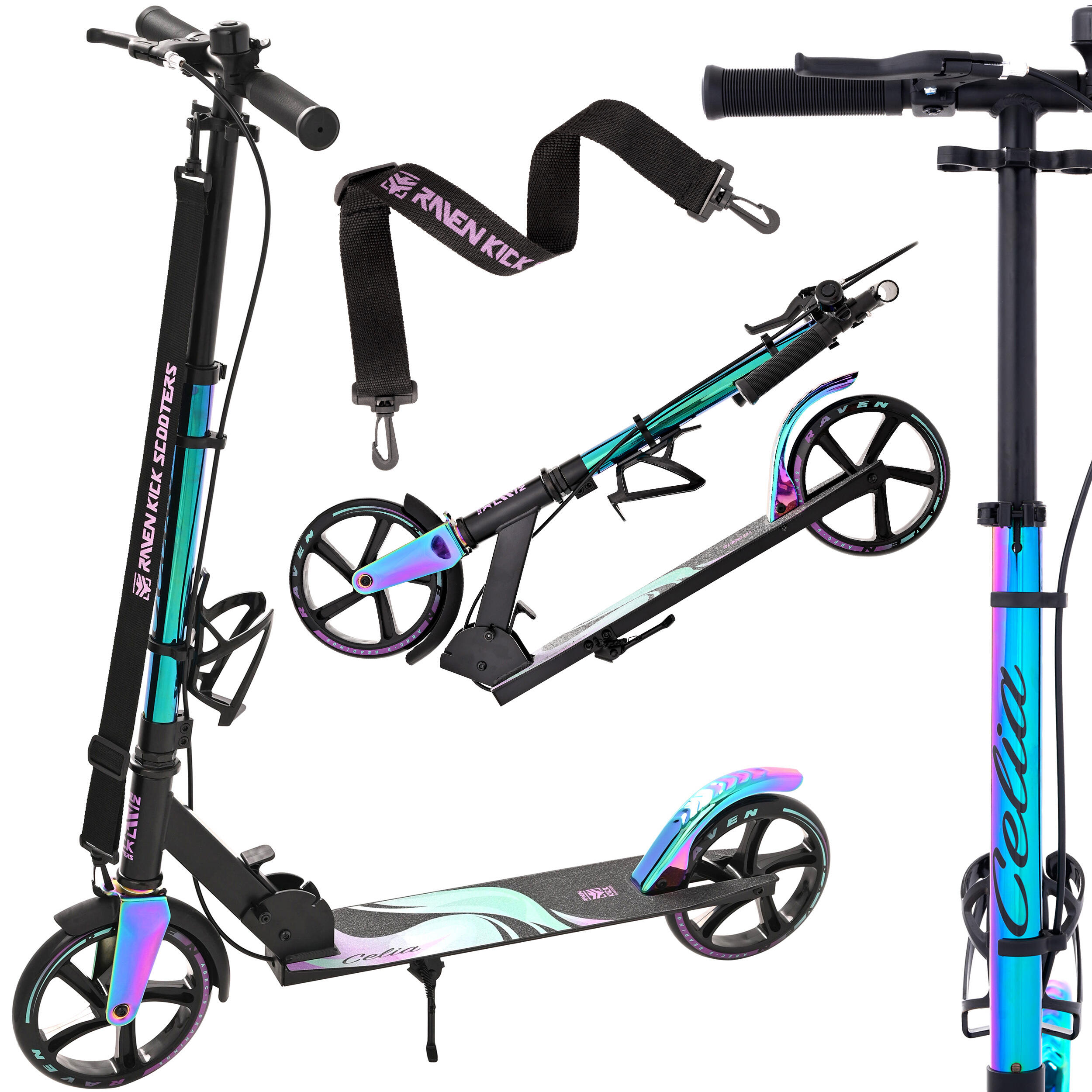 RAVEN Skládací koloběžka Raven Celia BLACK Neo Chrome s ruční brzdou ABEC9 200mm