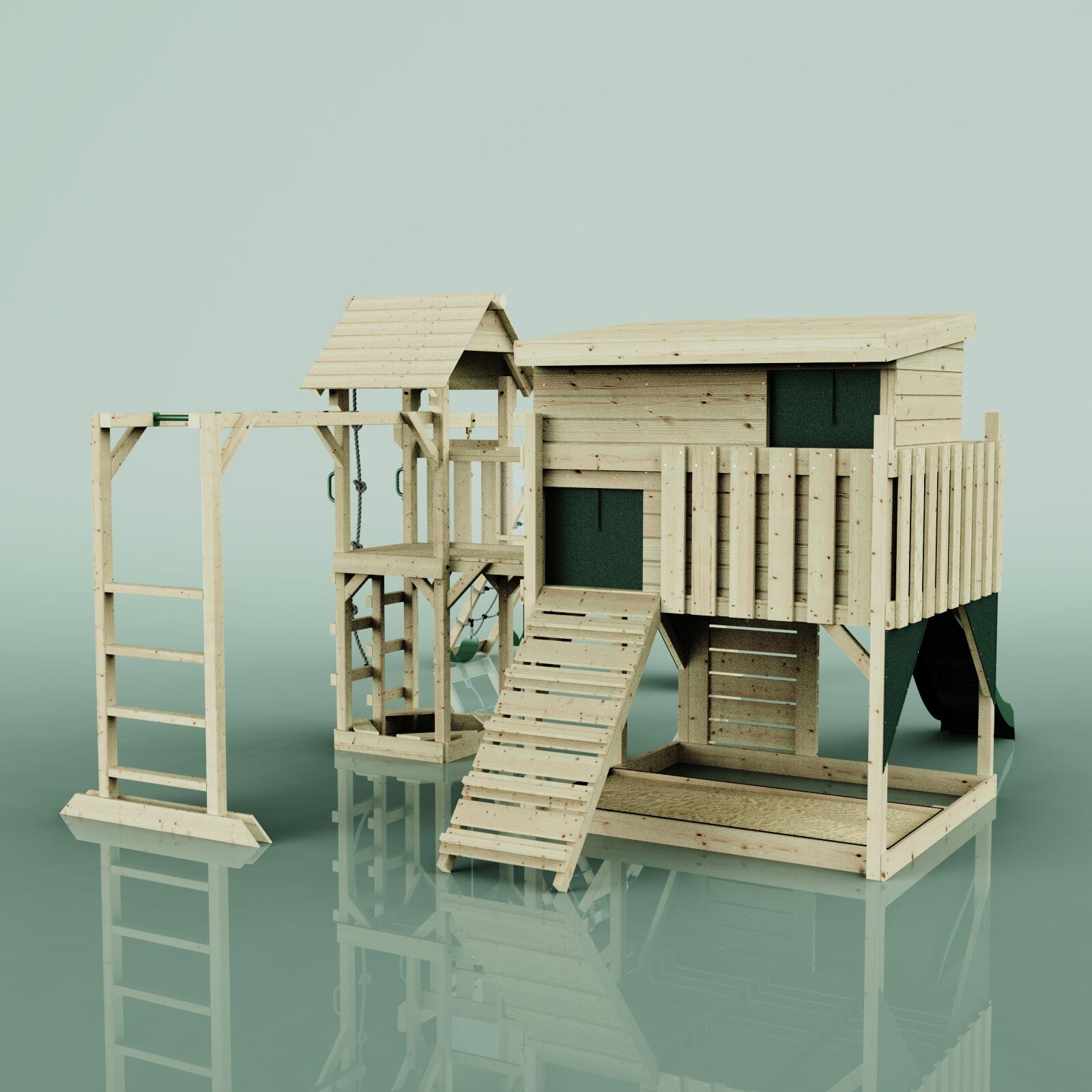 Spielturm Malin mit Kinderschaukel in Dunkelgrün - 503 × 562 × 274 cm 3/5