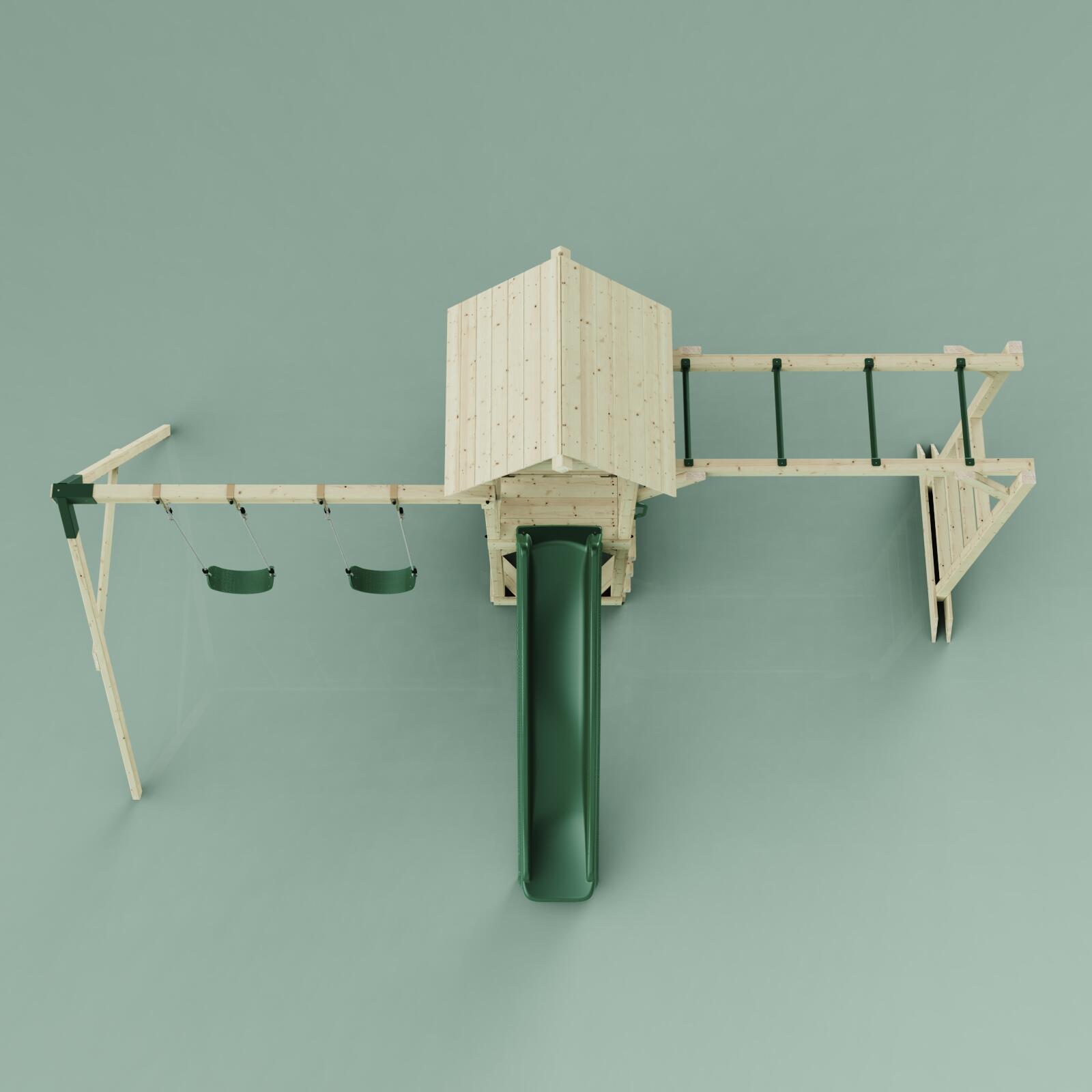 Spielturm Örebro mit Kinderschaukel in Dunkelgrün - 358 × 491 × 275 cm 6/6