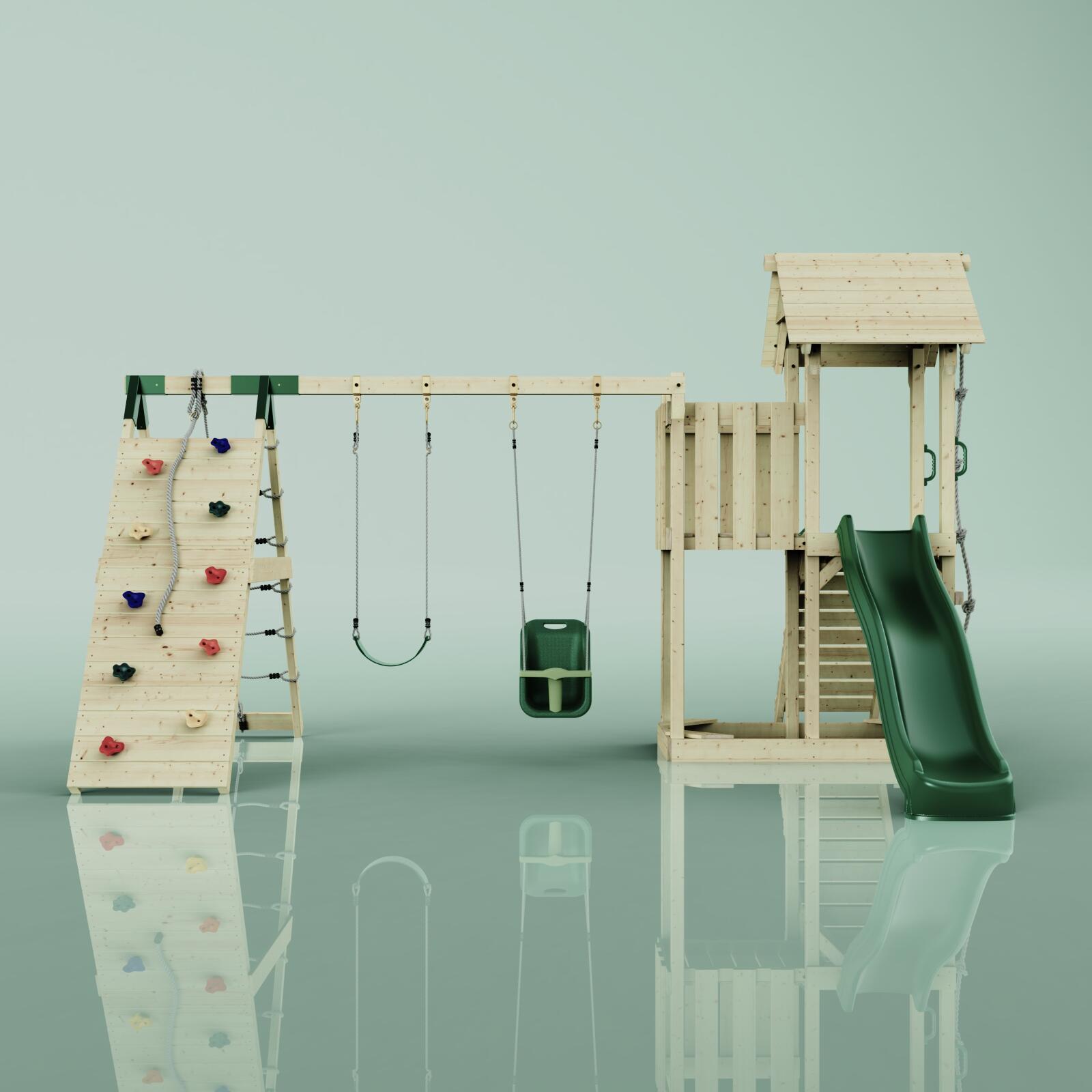 Spielturm Roskilde mit Babyschaukel in Dunkelgrün - 357 × 451 × 274 cm 2/5