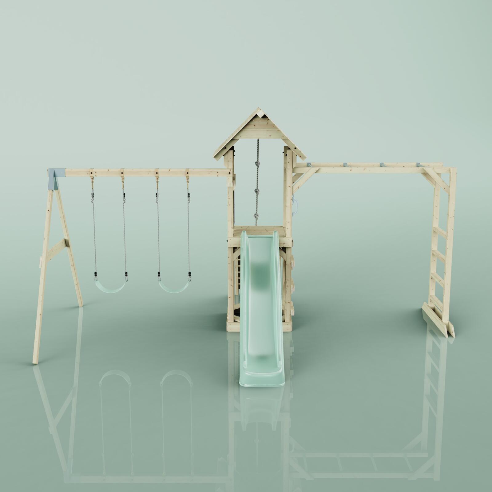 Spielturm Örebro mit Kinderschaukel in Mintgrün - 358 × 491 × 275 cm 2/6