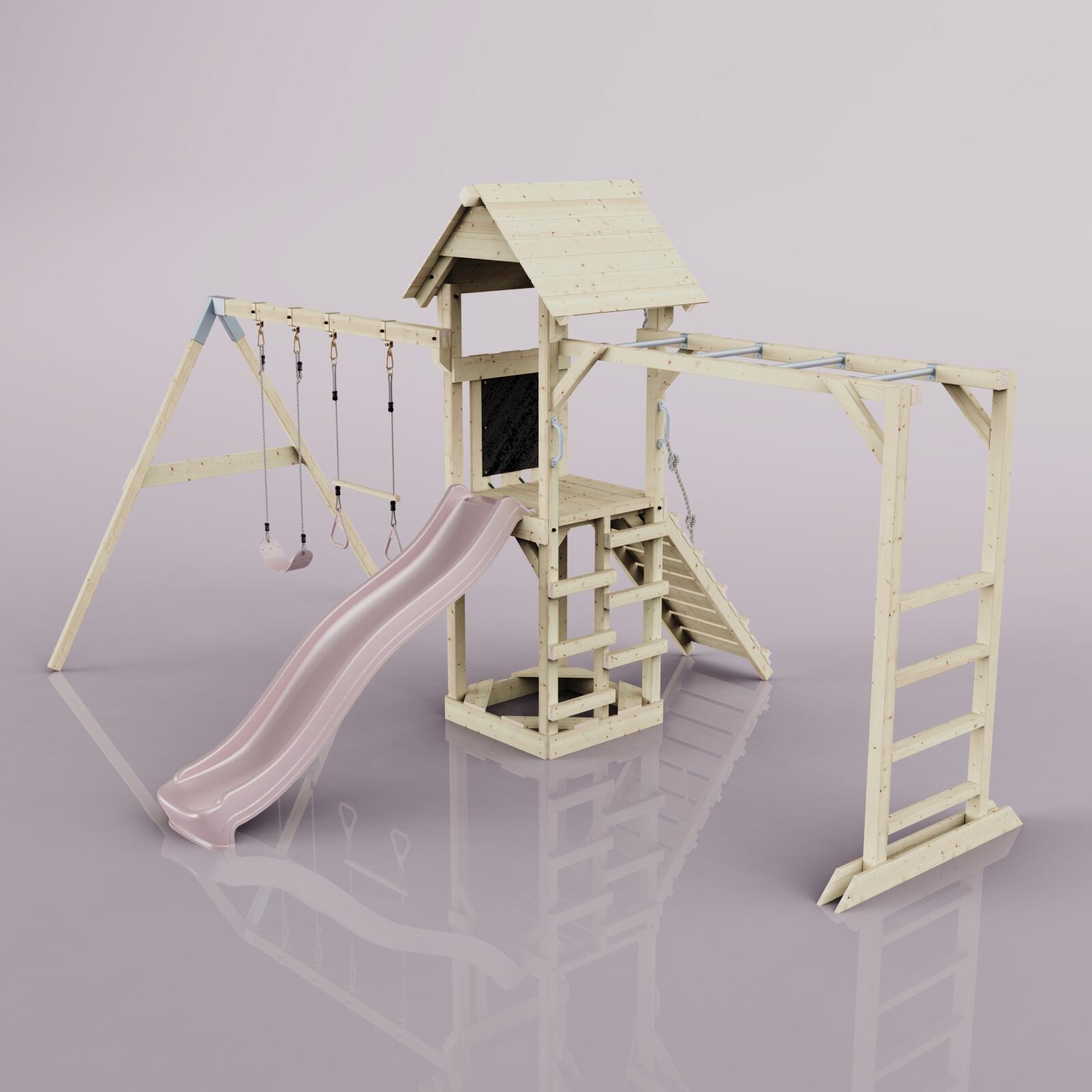 Spielturm Örebro mit Trapezstange in Altrosa - 358 × 491 × 275 cm 3/6