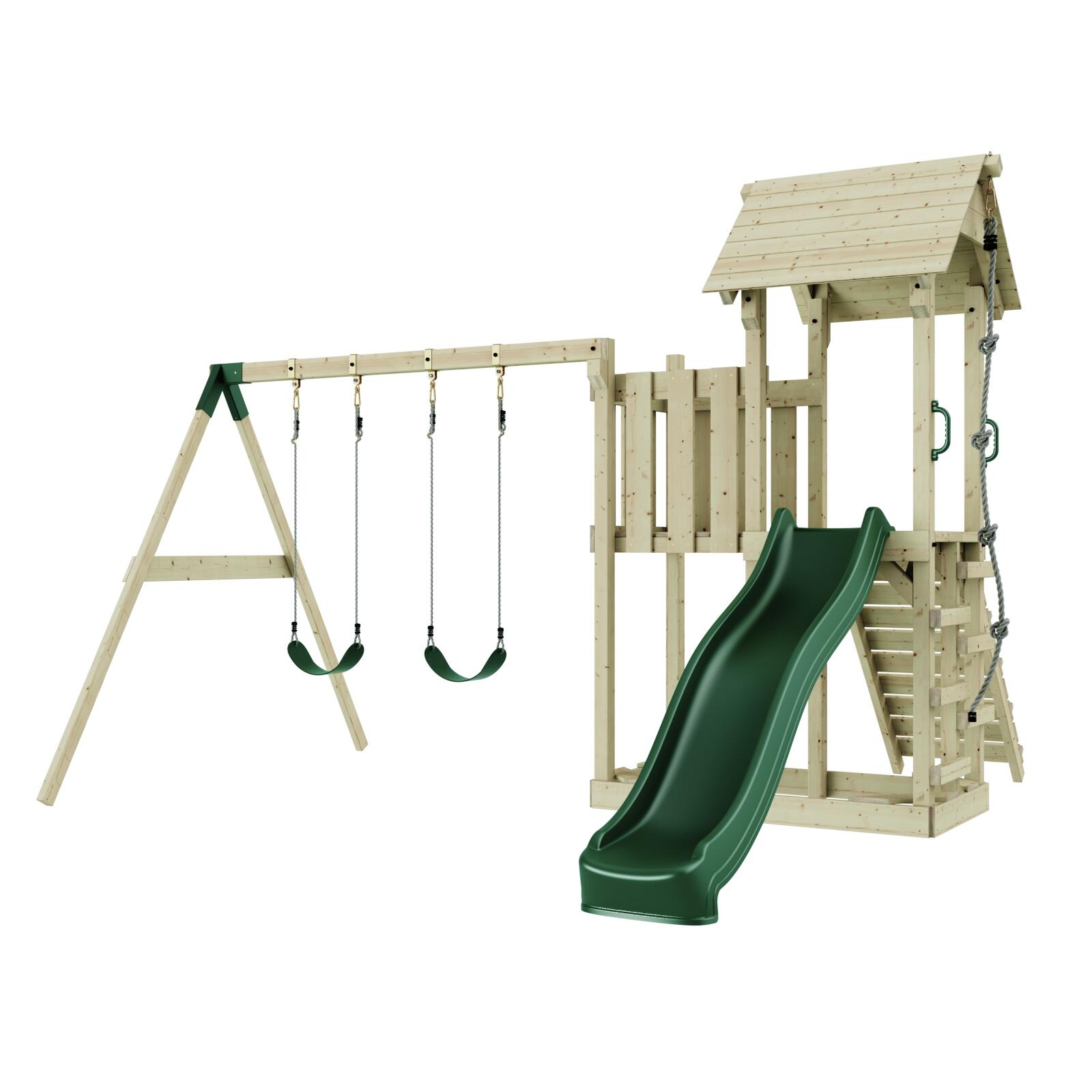 Spielturm Uppsala mit Kinderschaukel in Dunkelgrün - 357 × 361 × 273 cm 3/5