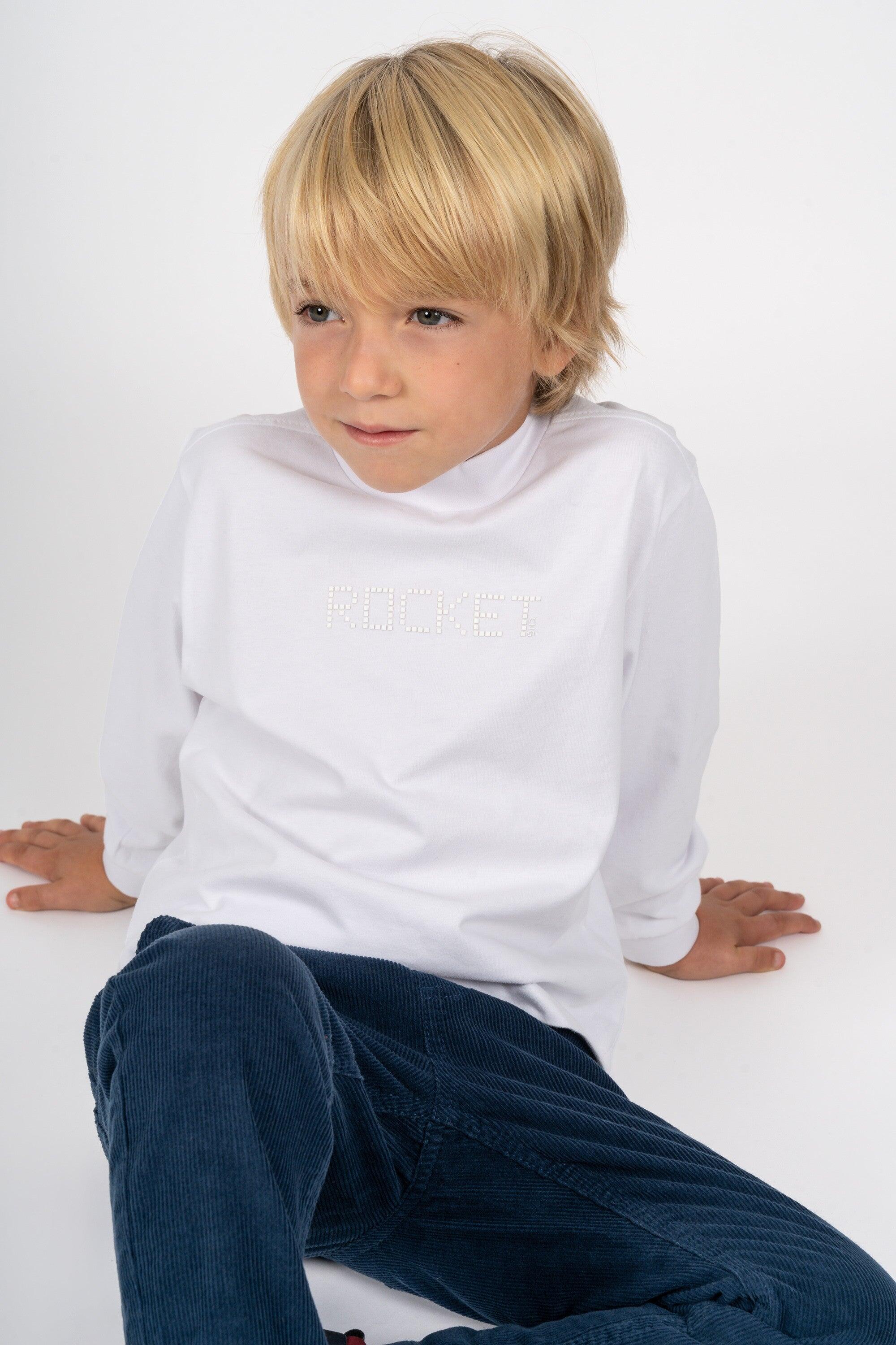 Camiseta algodón manga larga de niño cuello alto blanca 3/5