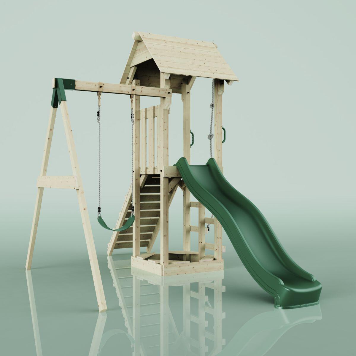 Spielturm Göteborg mit Kinderschaukel in Dunkelgrün - 357 × 202 × 273 cm 3/5