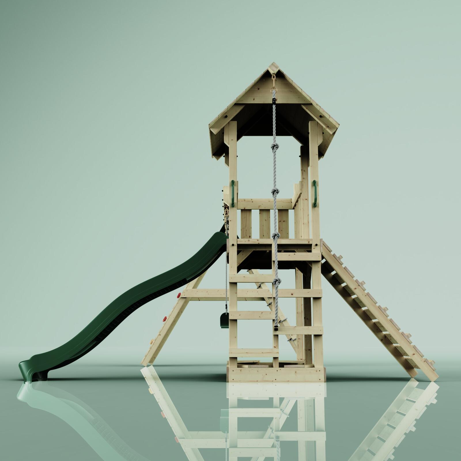 Spielturm Roskilde mit Kinderschaukel in Dunkelgrün - 357 × 451 × 274 cm 3/5