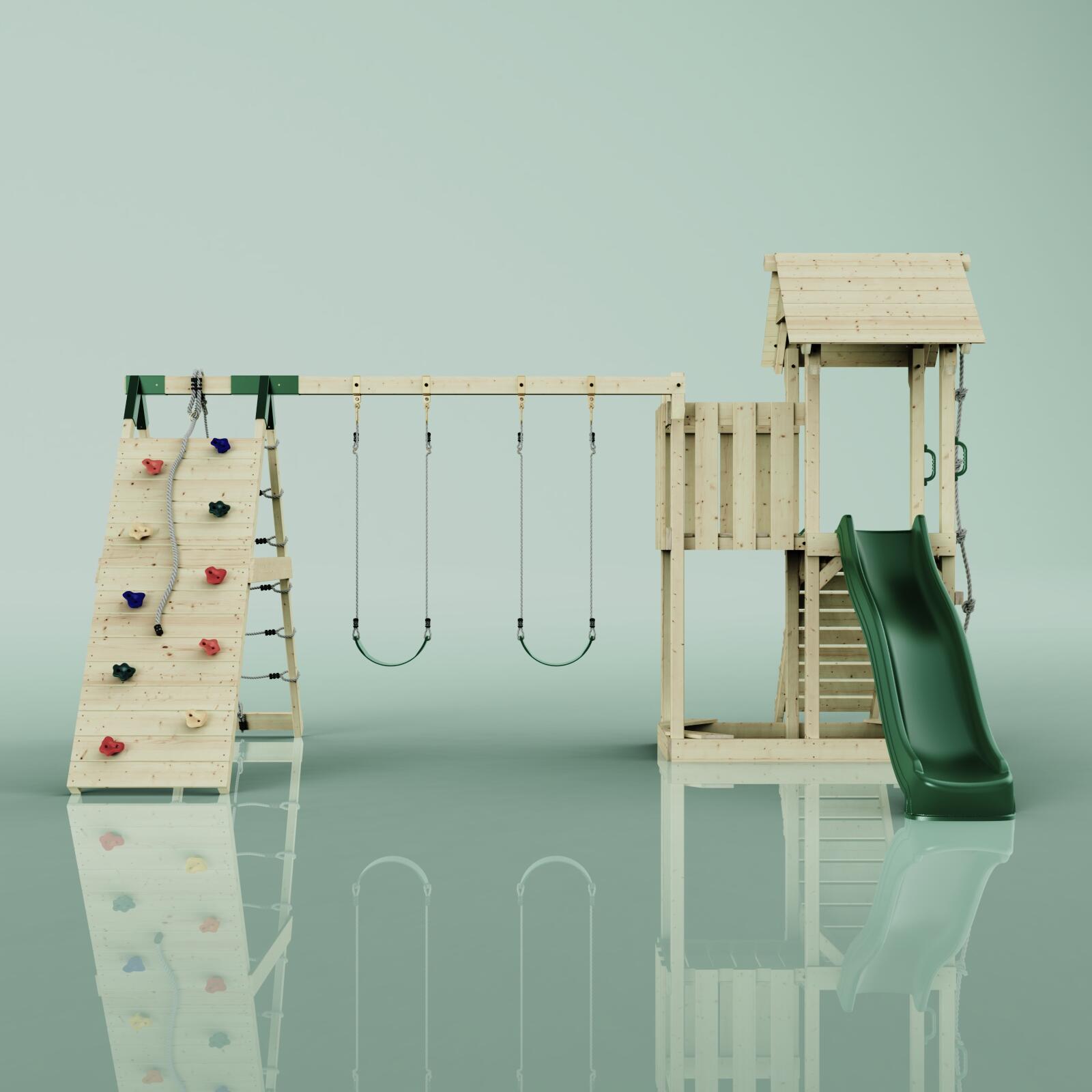 Spielturm Roskilde mit Kinderschaukel in Dunkelgrün - 357 × 451 × 274 cm 2/5
