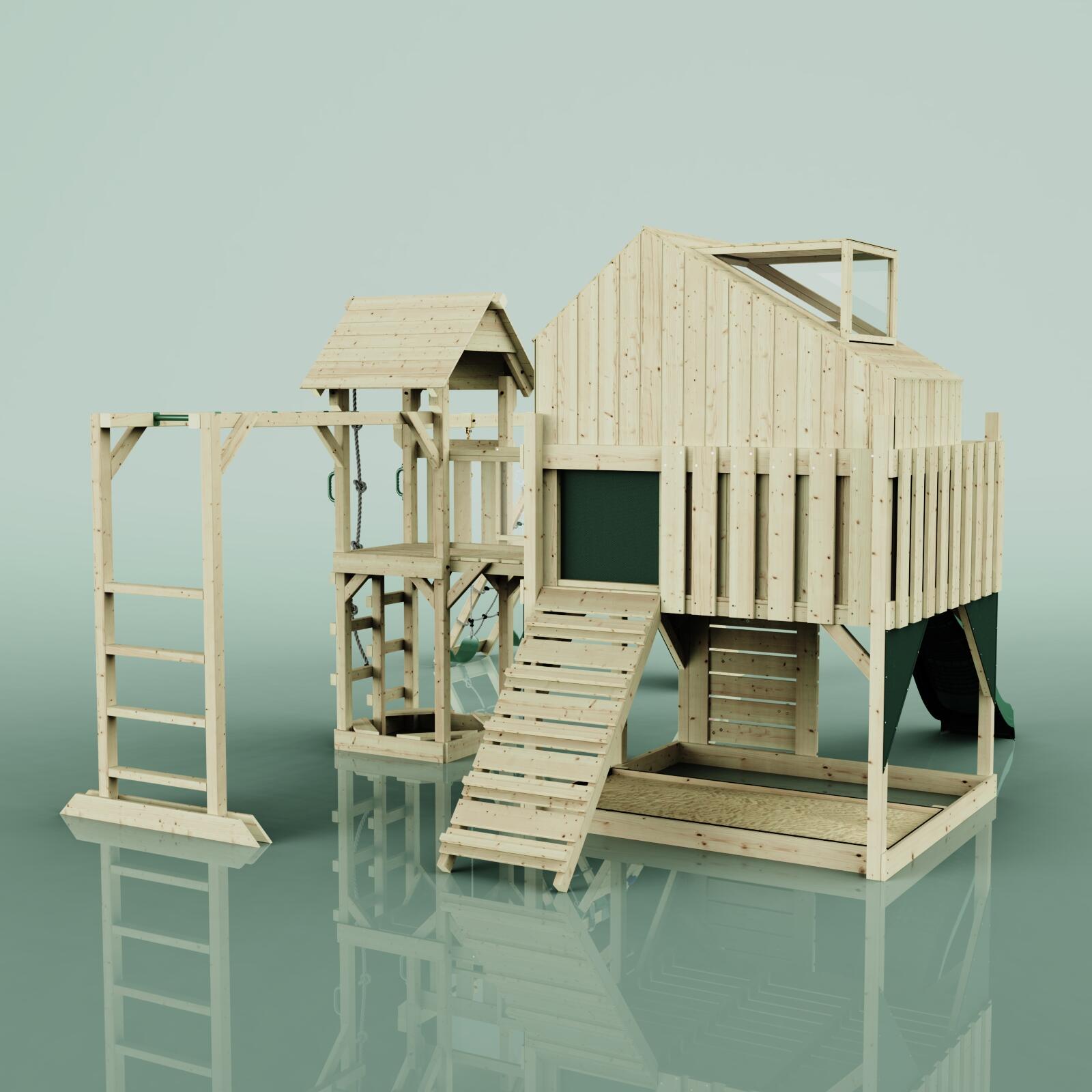 Spielturm Milo mit Kinderschaukel in Dunkelgrün - 503 × 562 × 291 cm 3/5