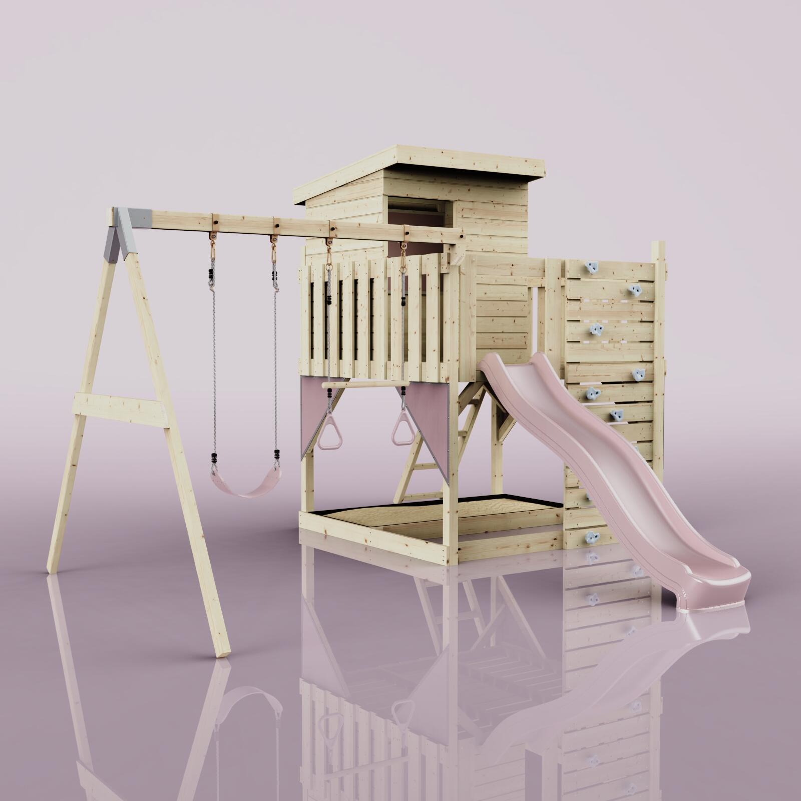 Spielturm Björn mit Trapezstange in Altrosa - 415 × 396 × 261 cm 6/6