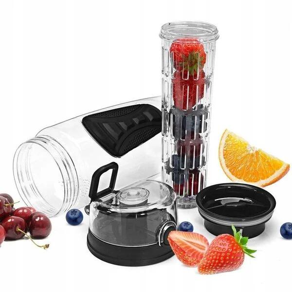 Sticla apa 1L cu infuzor fructe, husa agatatoare, inchidere etansa, negru