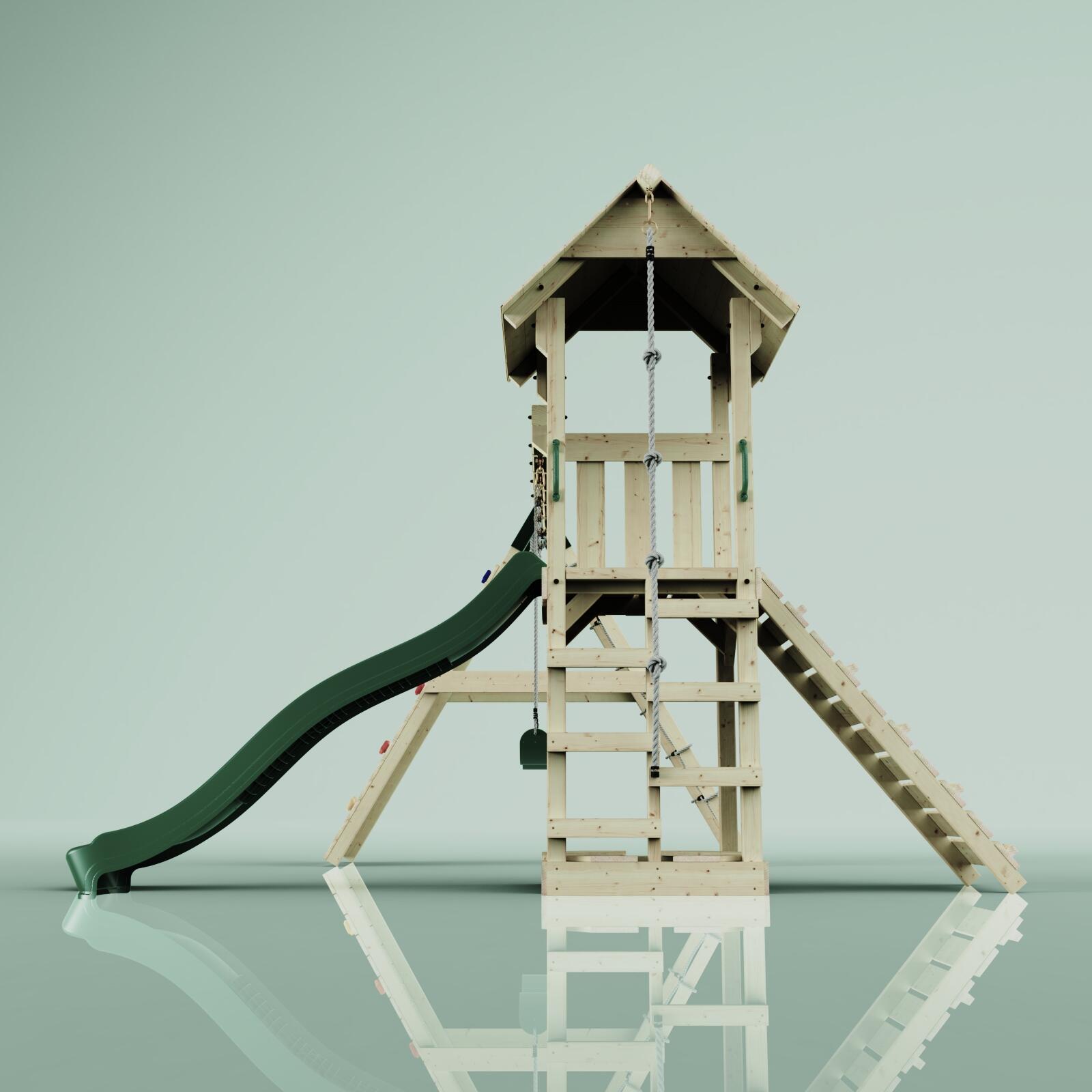 Spielturm Kiruna mit Kinderschaukel in Dunkelgrün - 357 × 380 × 274 cm 3/5