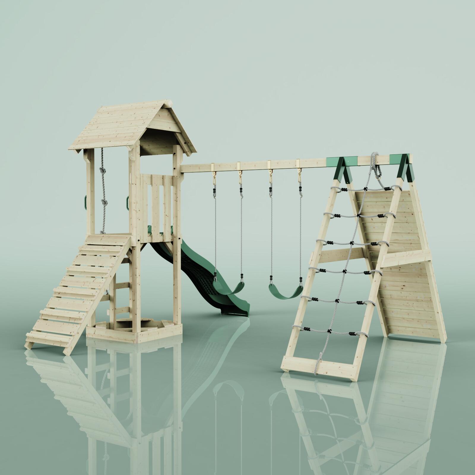 Spielturm Kiruna mit Kinderschaukel in Dunkelgrün - 357 × 380 × 274 cm 5/5