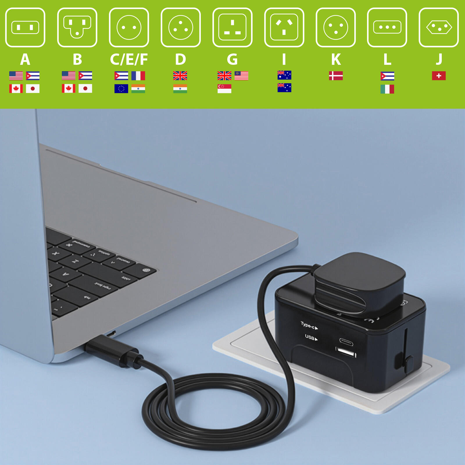 Adaptador de viagem Vayox VA0407 conversor UK/US/EU/AU USB-C 2/7