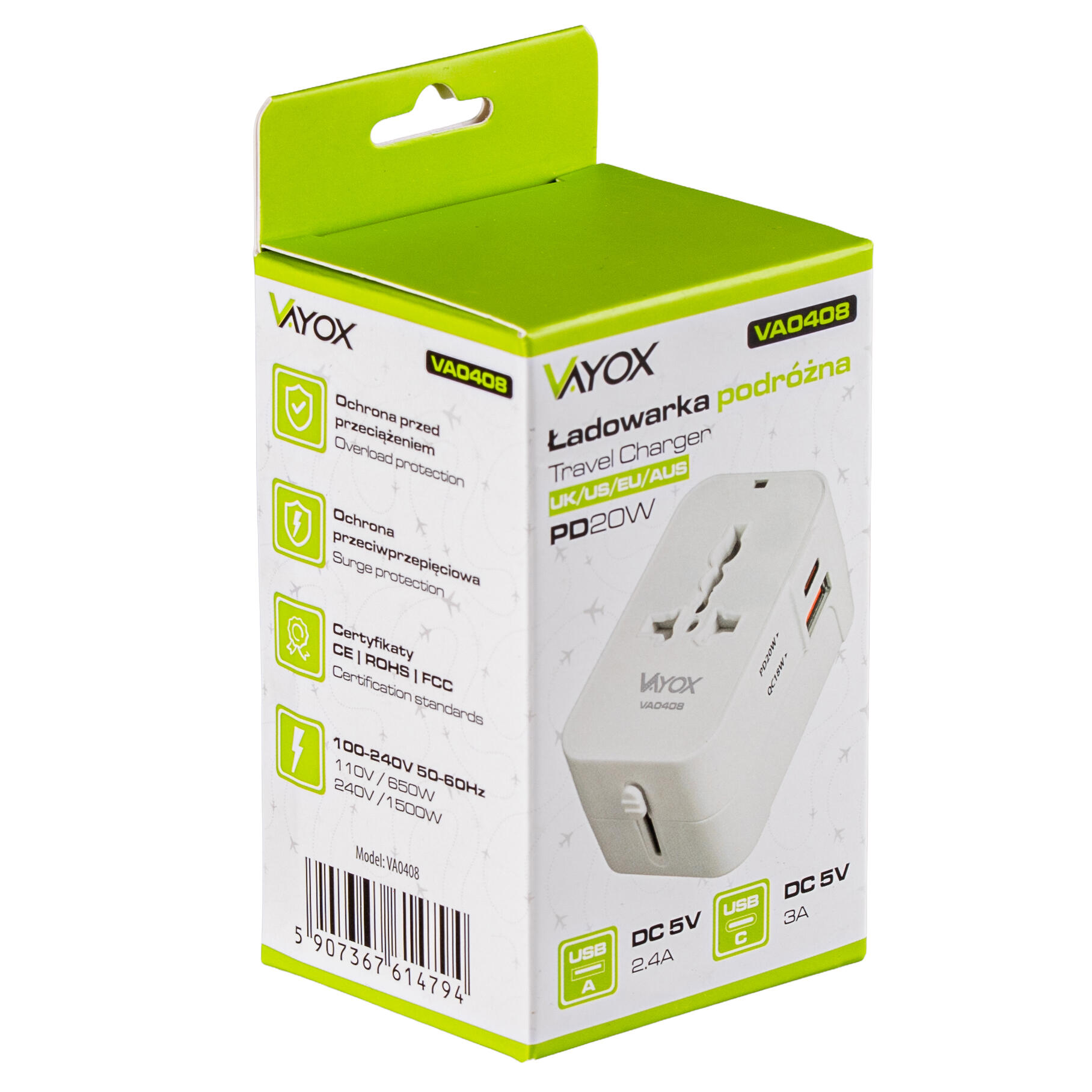 Adapter podróżny Vayox VA0408 przejściówka UK/US/EU/AU 20W USB-C 7/7