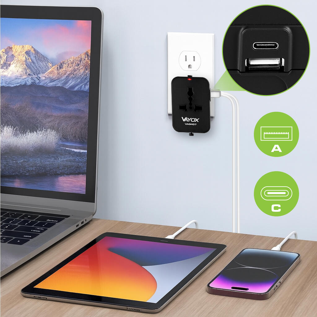 Adaptador de viagem Vayox VA0407 conversor UK/US/EU/AU USB-C 4/7