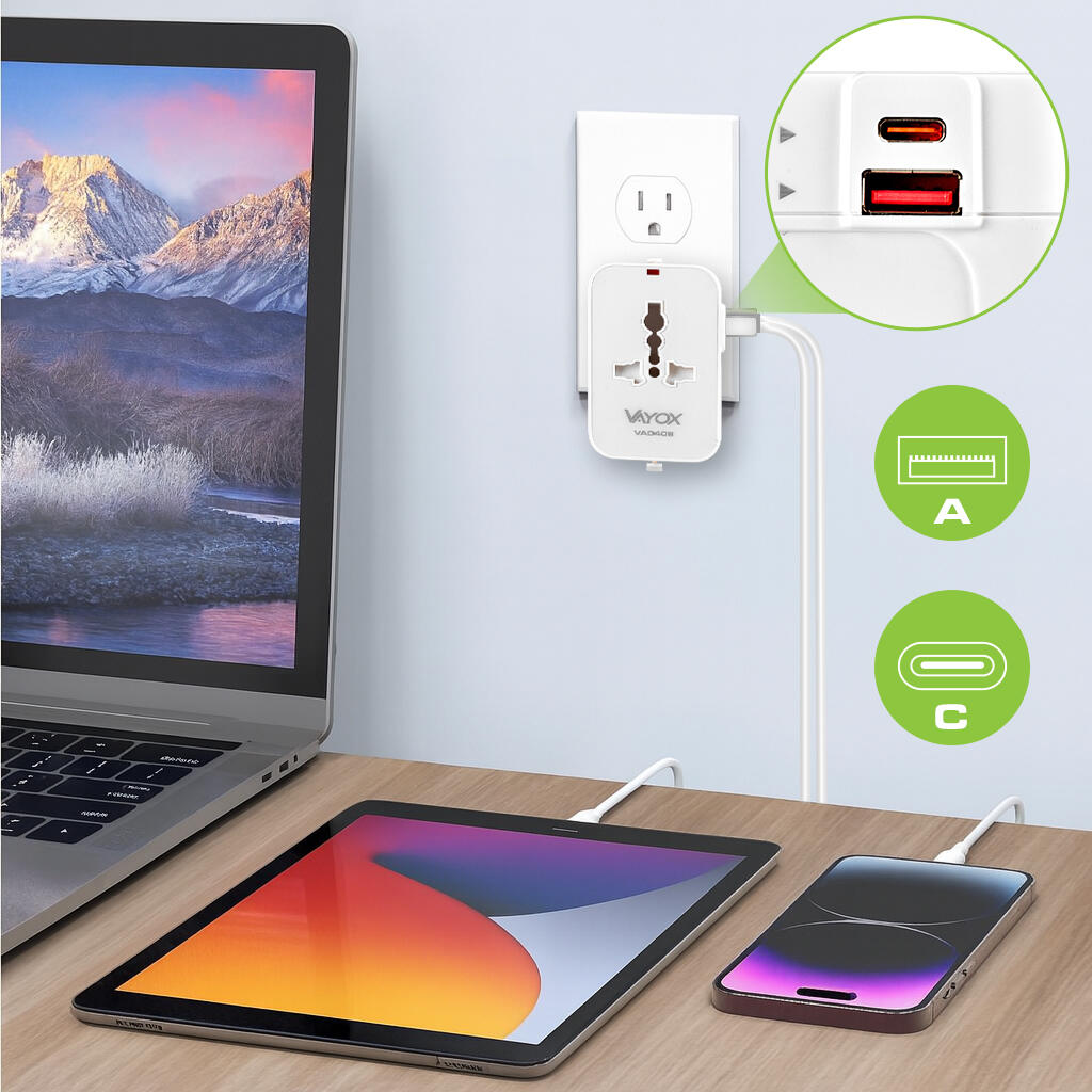 Adapter podróżny Vayox VA0408 przejściówka UK/US/EU/AU 20W USB-C 4/7