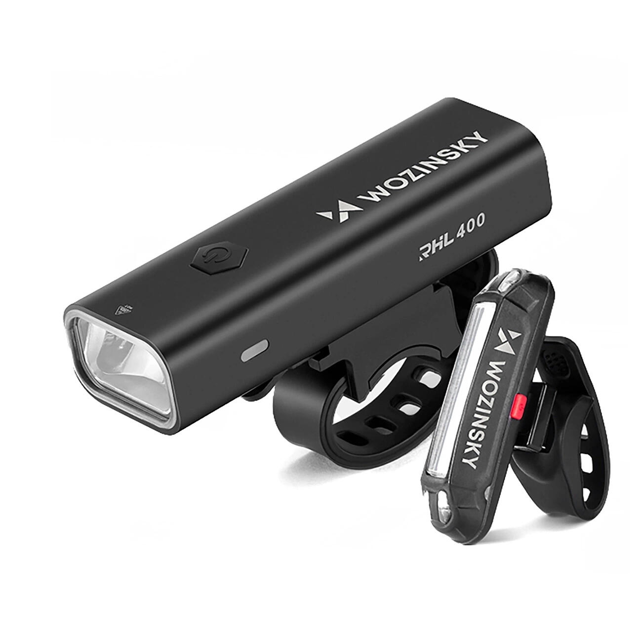 WOZINSKY Sada cyklistických světel Wozinsky WSBLB2, přední (400 lm) a zadní USB-C - černá