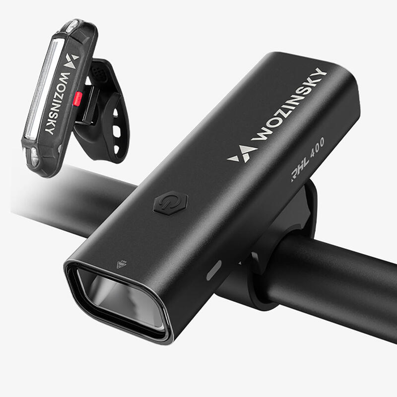 Sada cyklistických světel Wozinsky WSBLB2, přední (400 lm) a zadní USB-C - černá