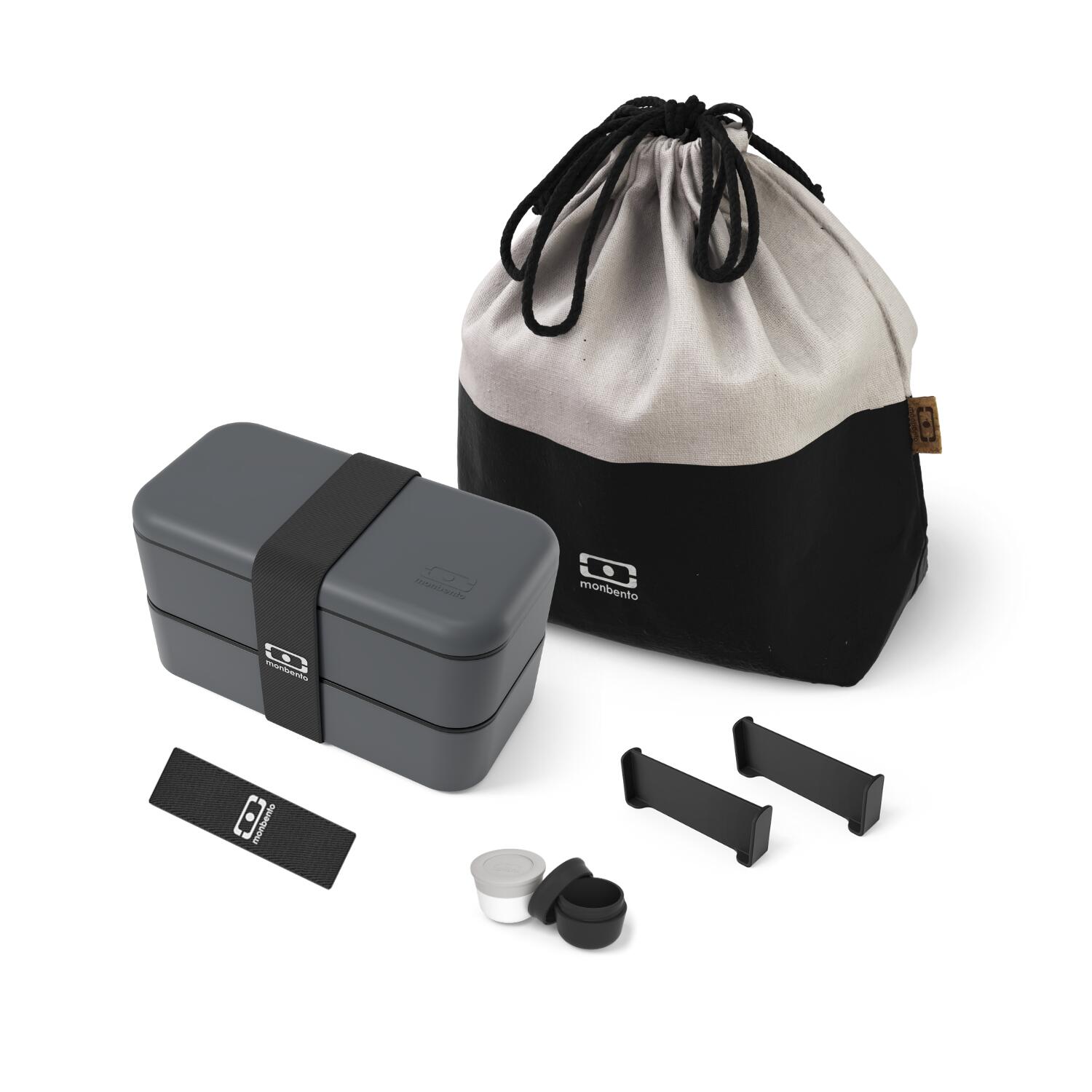 MONBENTO Set porta pranzo 2×500 ml – 1 L Grigio con accessori |Adulto |Ufficio, picnic