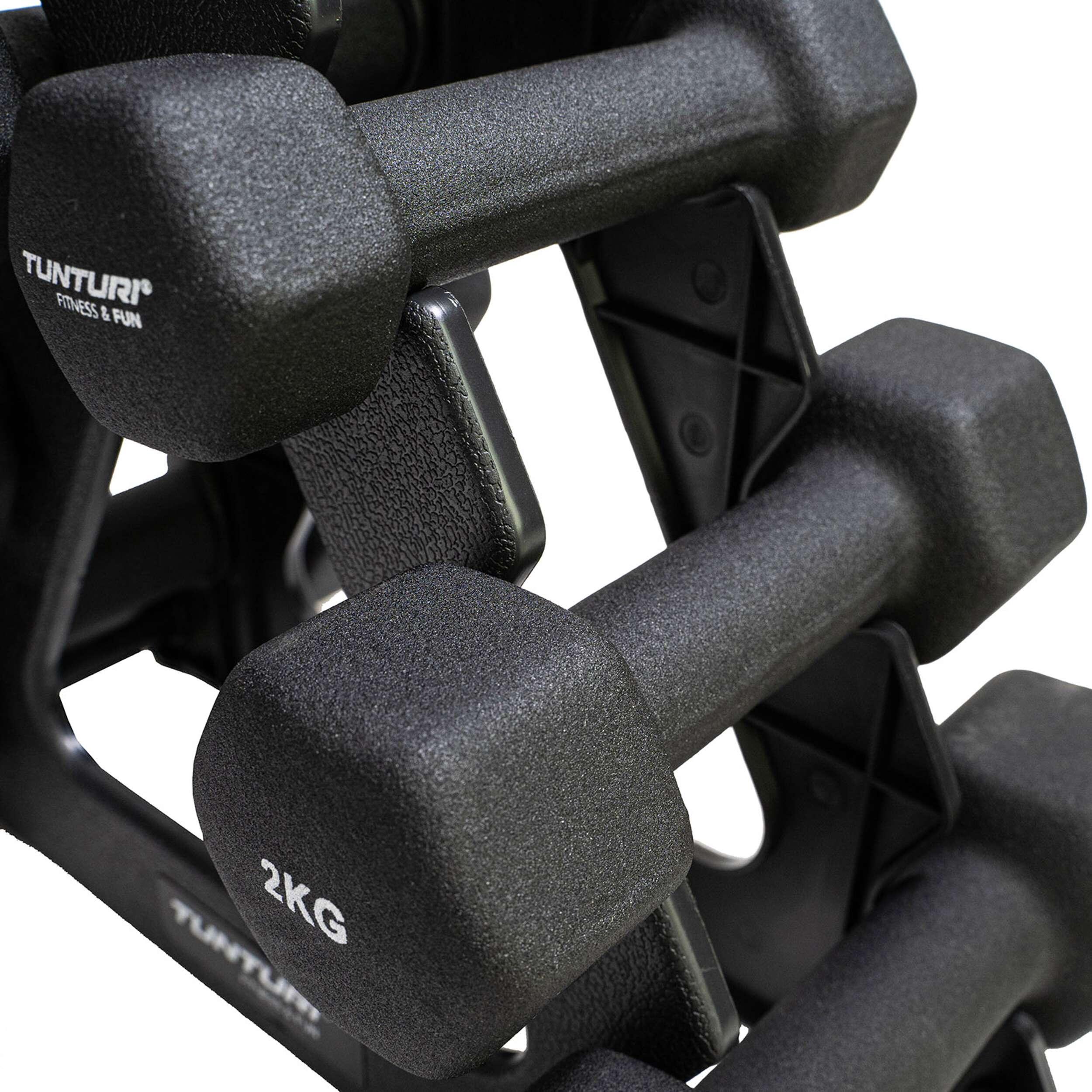 Kit haltères néoprène 3 pièces + rack noir 5/8