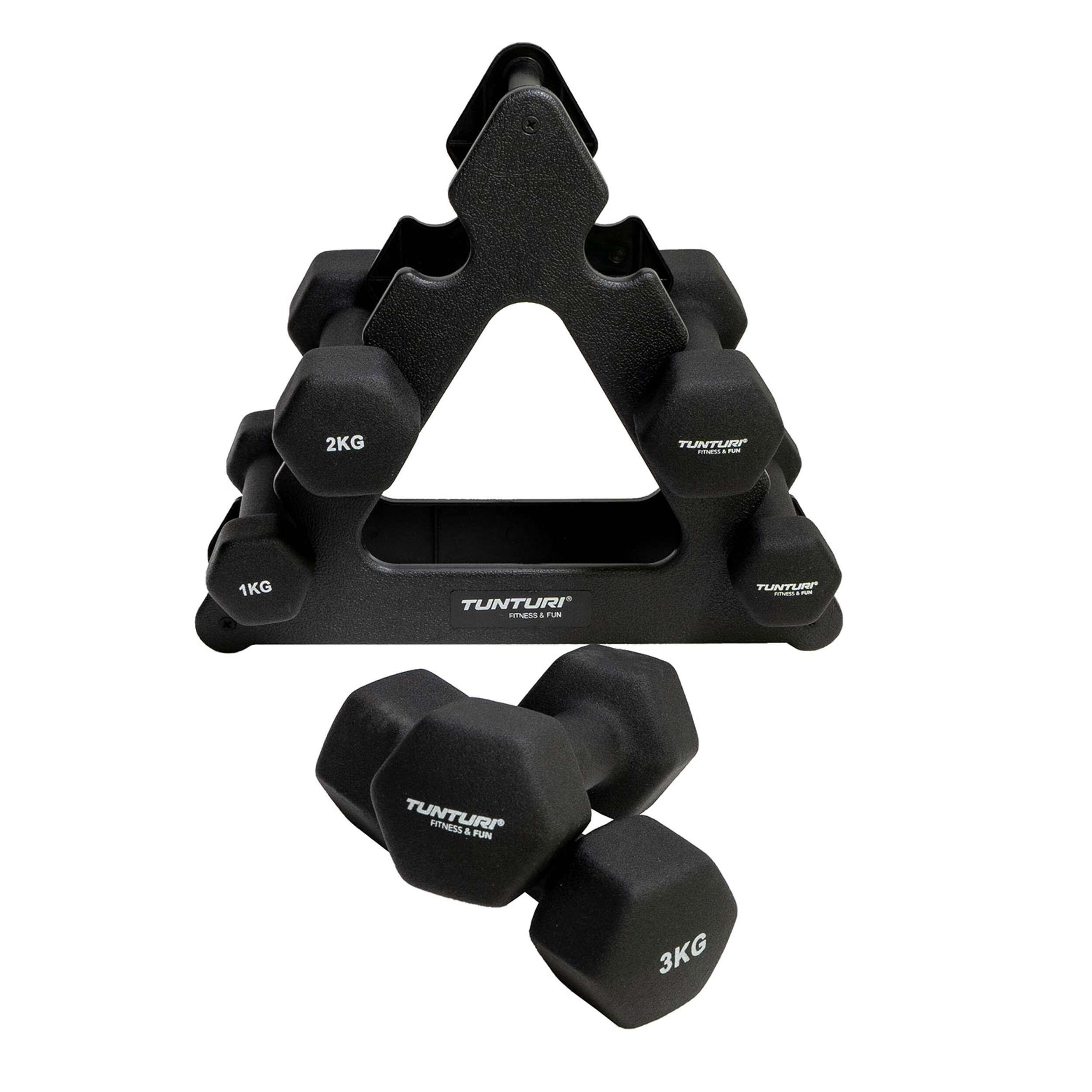 Kit haltères néoprène 3 pièces + rack noir 7/8