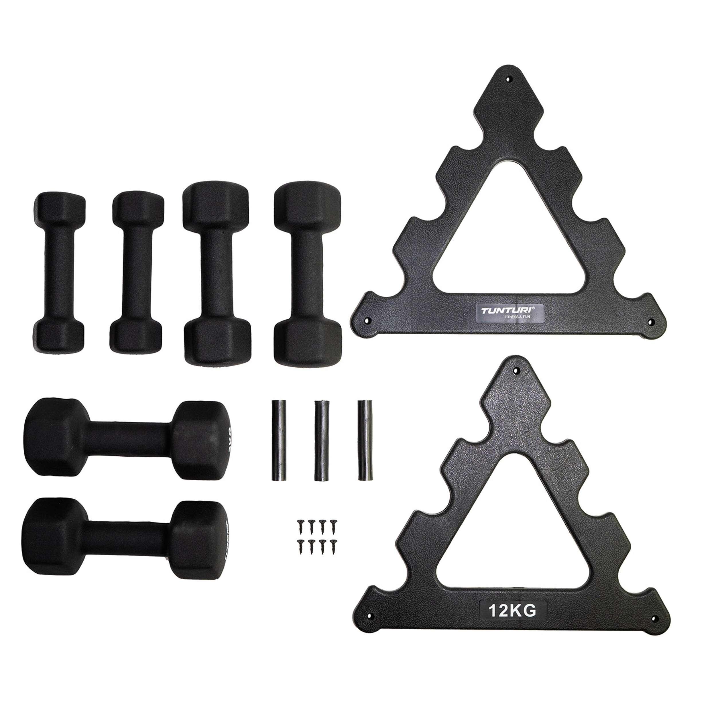 Kit haltères néoprène 3 pièces + rack noir 4/8