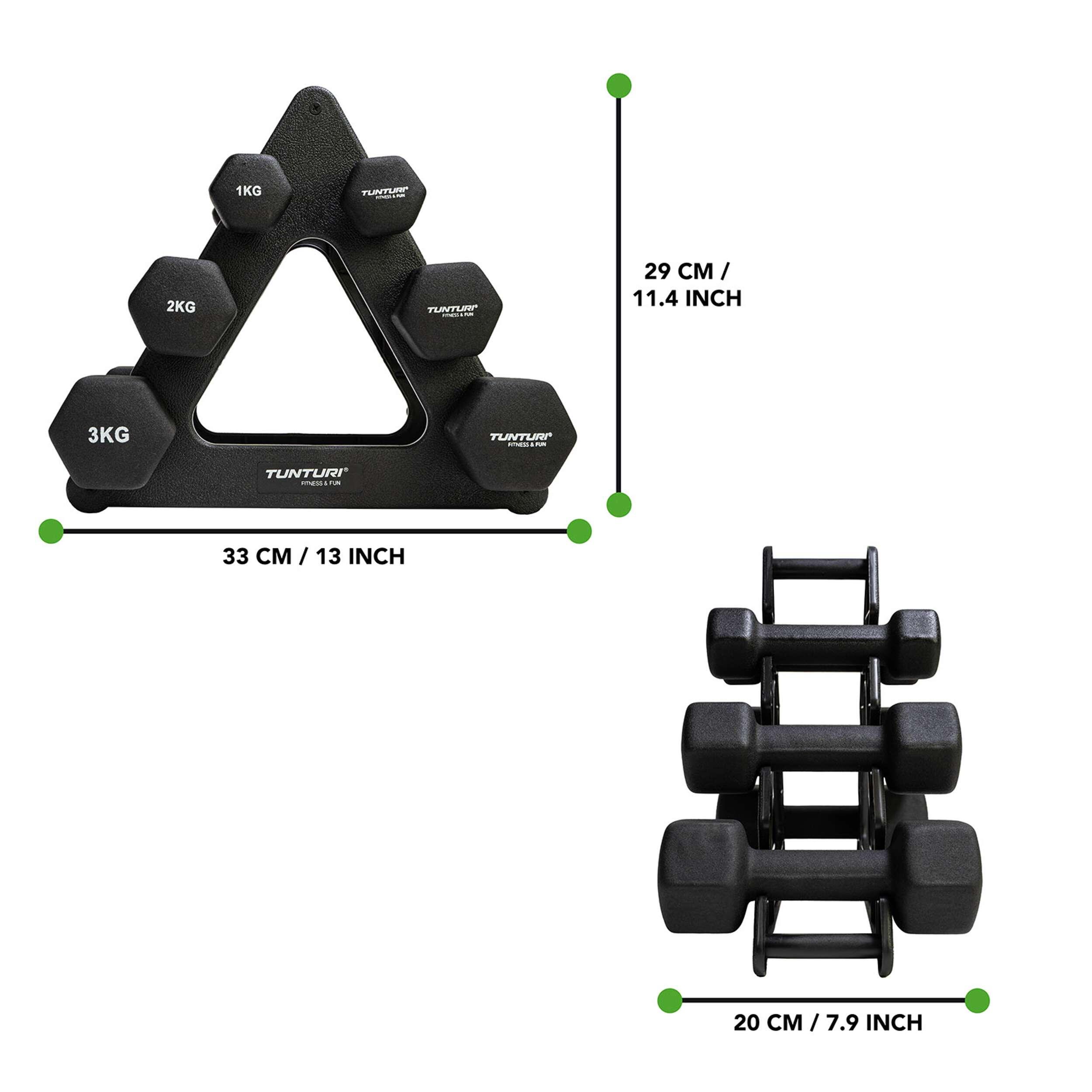 Kit haltères néoprène 3 pièces + rack noir 6/8