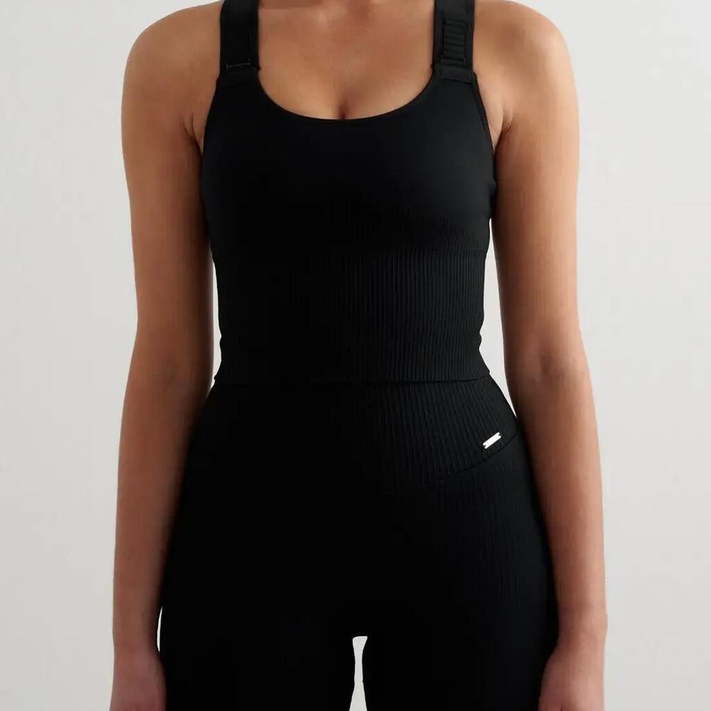 Women's Sports Bra Ribbed Seamless High Support Longline Adjustable Straps Black