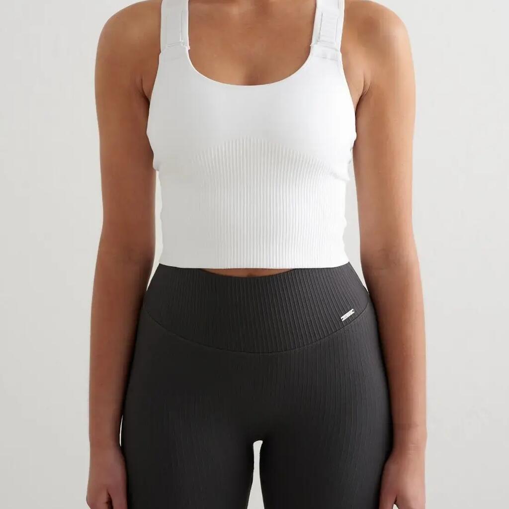 Women's Sports Bra Ribbed Seamless High Support Longline Adjustable Straps White