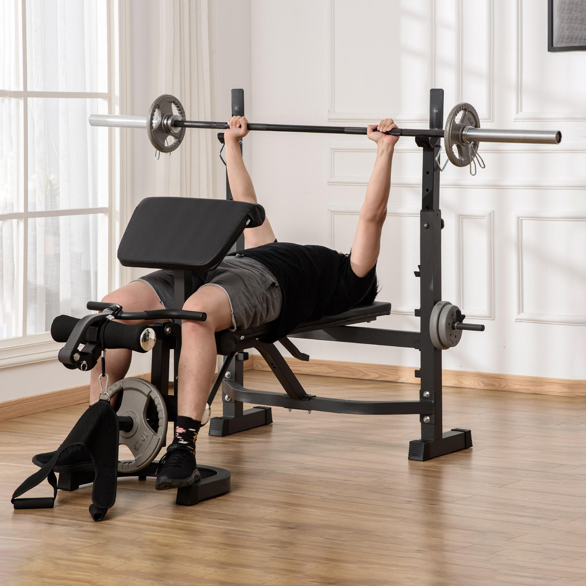 Banc de musculation multifonctionnel avec dossier inclinable et support pour 3/9