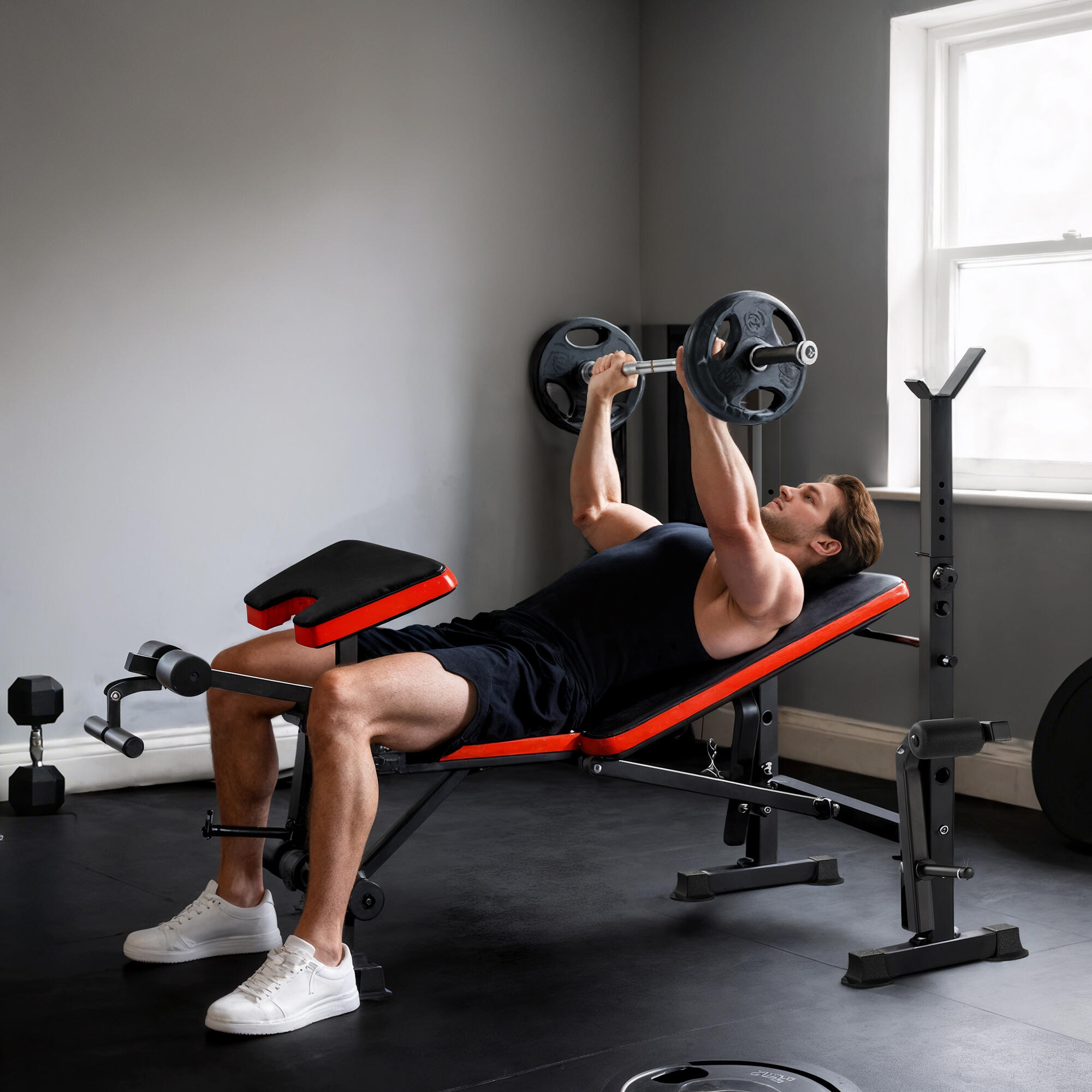 Banc de musculation support d'haltères dossier réglable noir rouge 2/4
