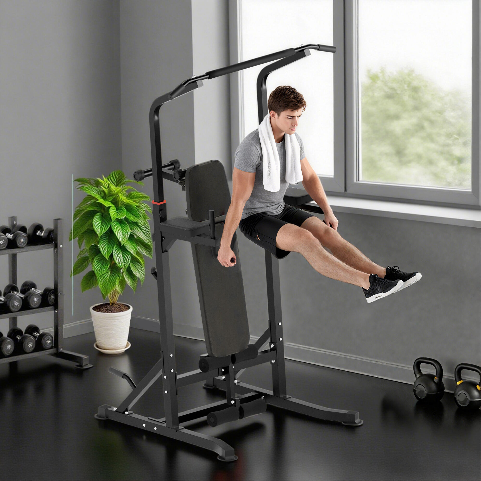 Tour de musculation réglable en hauteur avec barre de traction et banc pliable p 3/9
