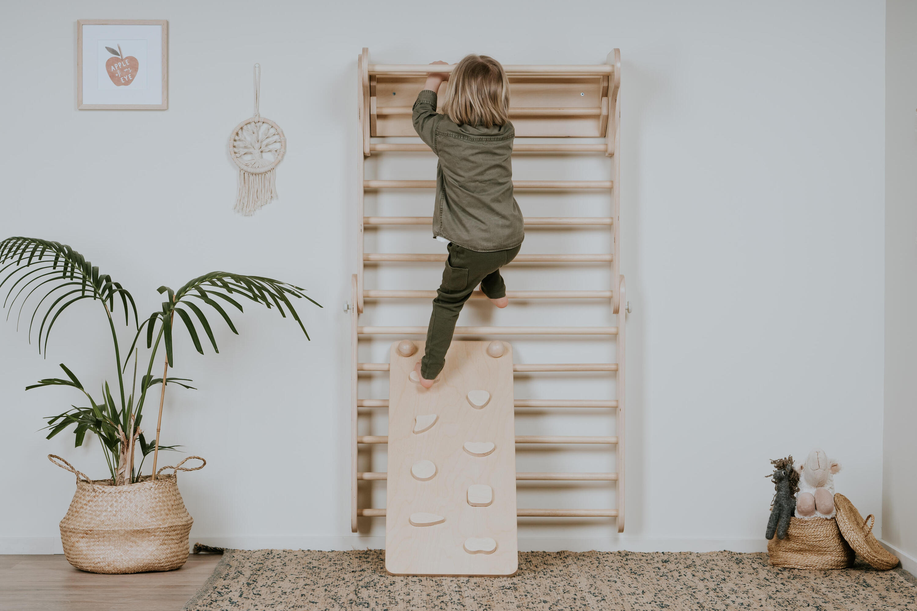 Ensemble de mur suédois et Triangle de grimpe 2-en-1, Montessori, Bois naturel 3/8