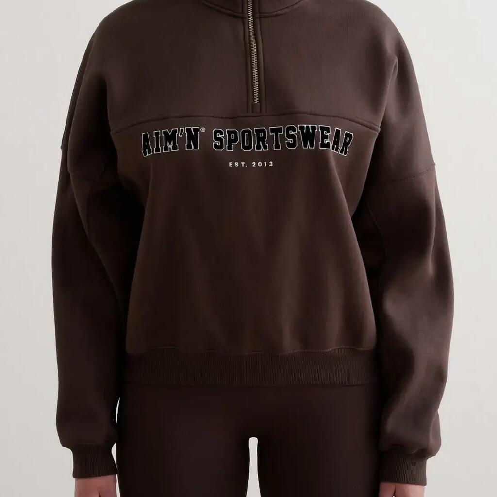 Women's Sweatshirt Half-Zip Brushed Jersey Relaxed Varsity Chocolate
