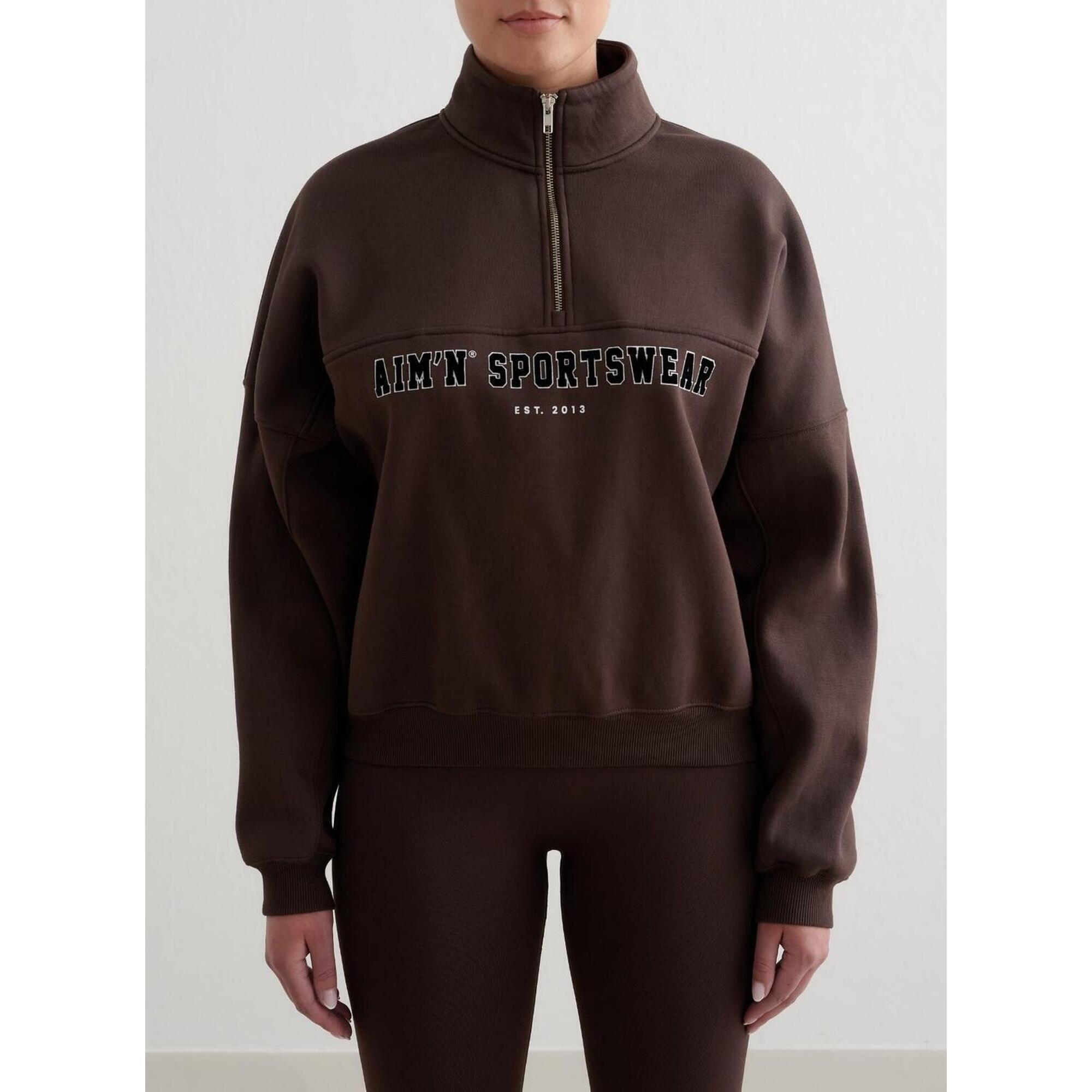 Aim'n - Femme Sweatshirt Demi-zip Varsity Chocolat - Sweat-shirt - Marron - Decathlon