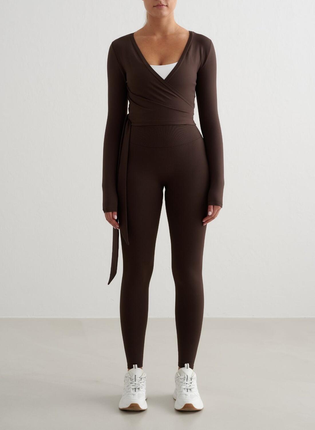 Femme Haut Cache-cœur Sans Couture Manches Longues Chocolat 3/6
