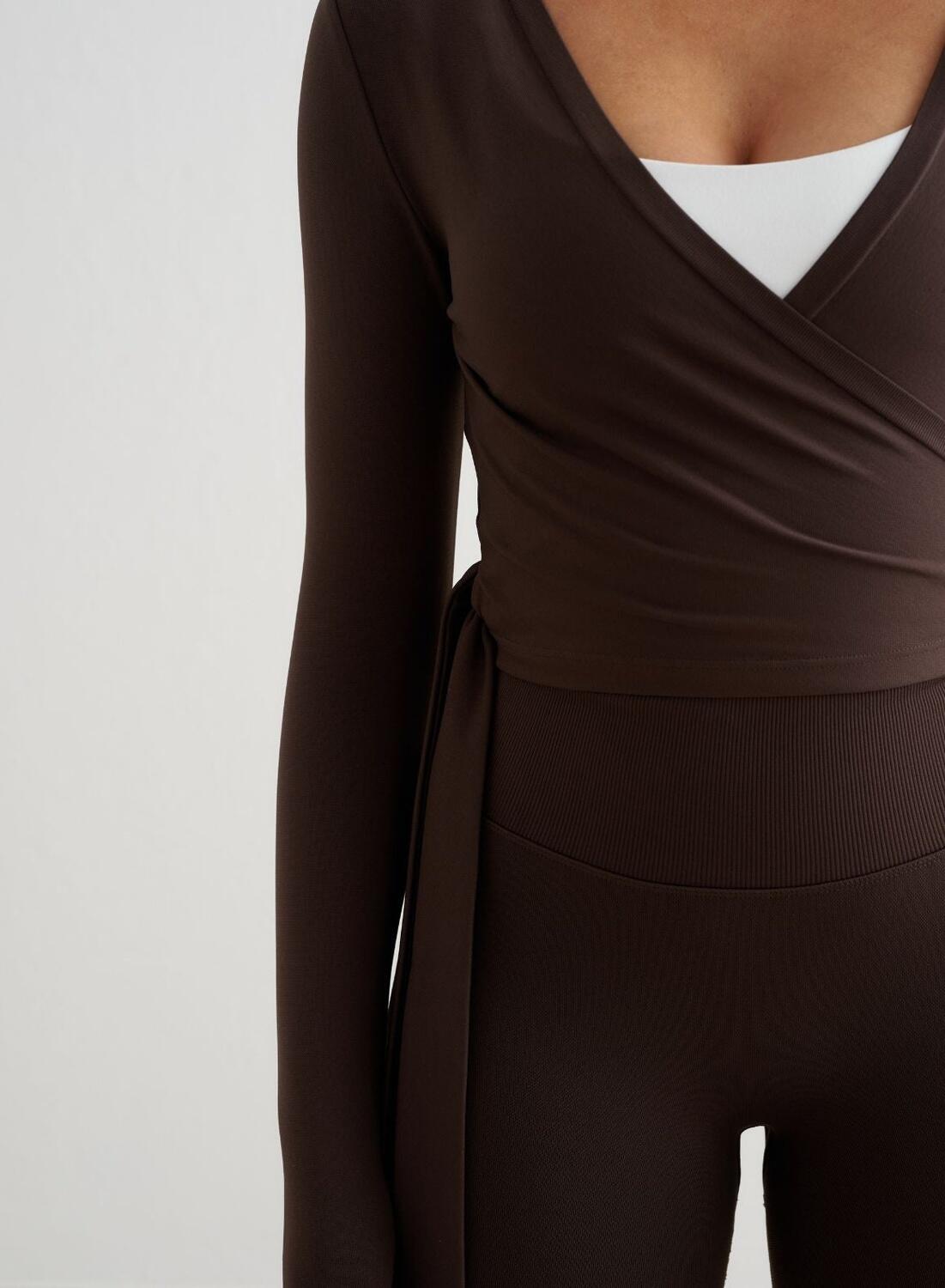 Femme Haut Cache-cœur Sans Couture Manches Longues Chocolat 5/6