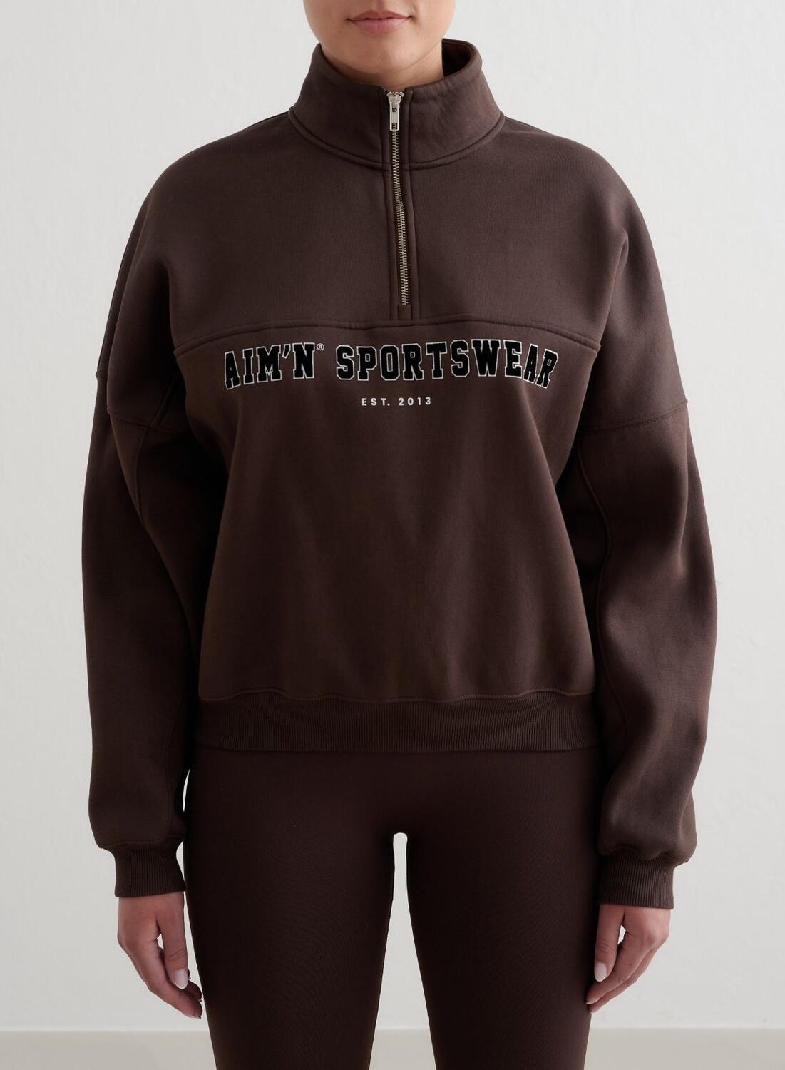 AIM'N Damen Sweatshirt mit halbem Reißverschluss Varsity Schokolade