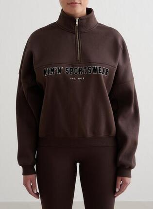 Damen Sweatshirt mit halbem Reißverschluss Varsity Schokolade