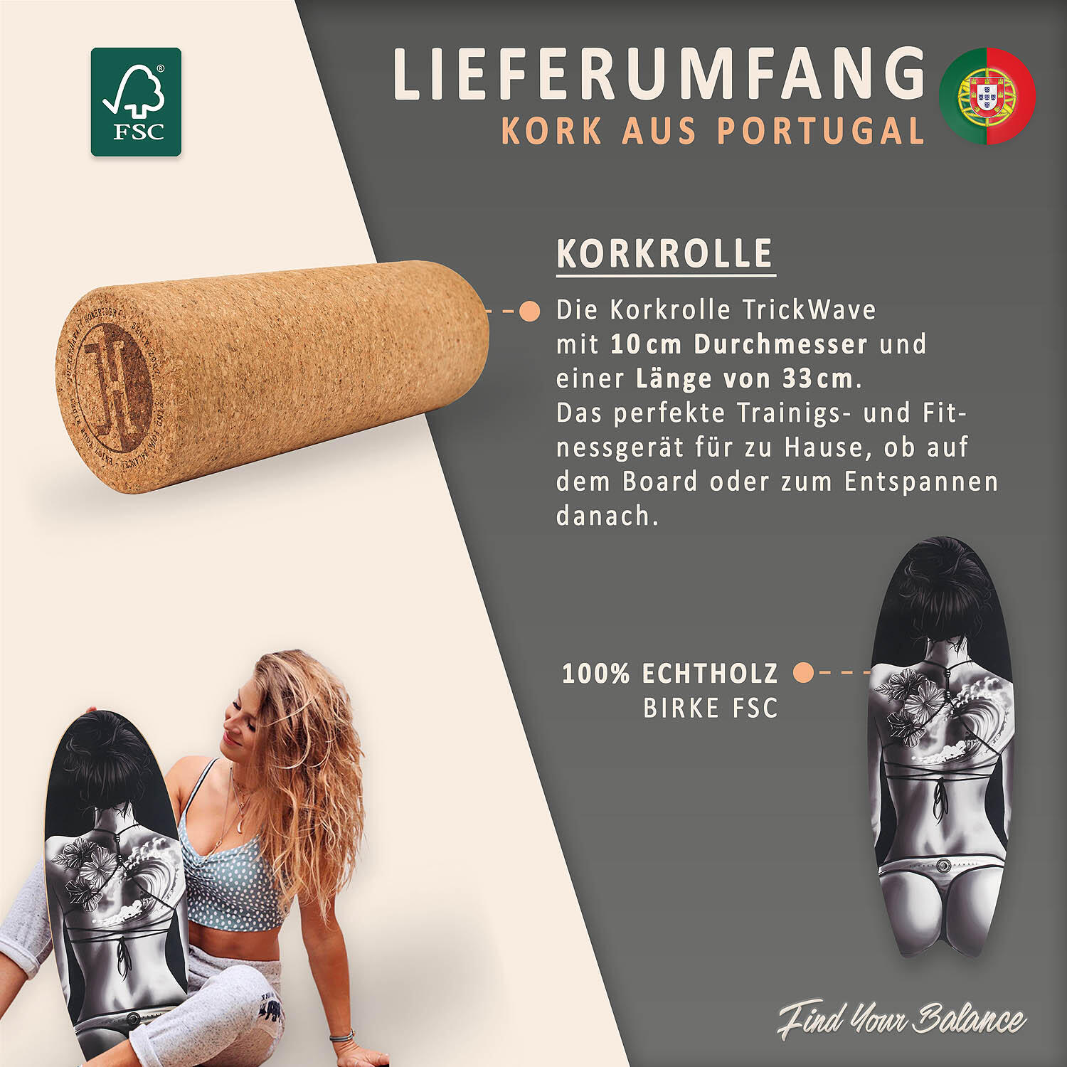 Balance board WAHINE | Set incl. cork roller | Balance training 4/7