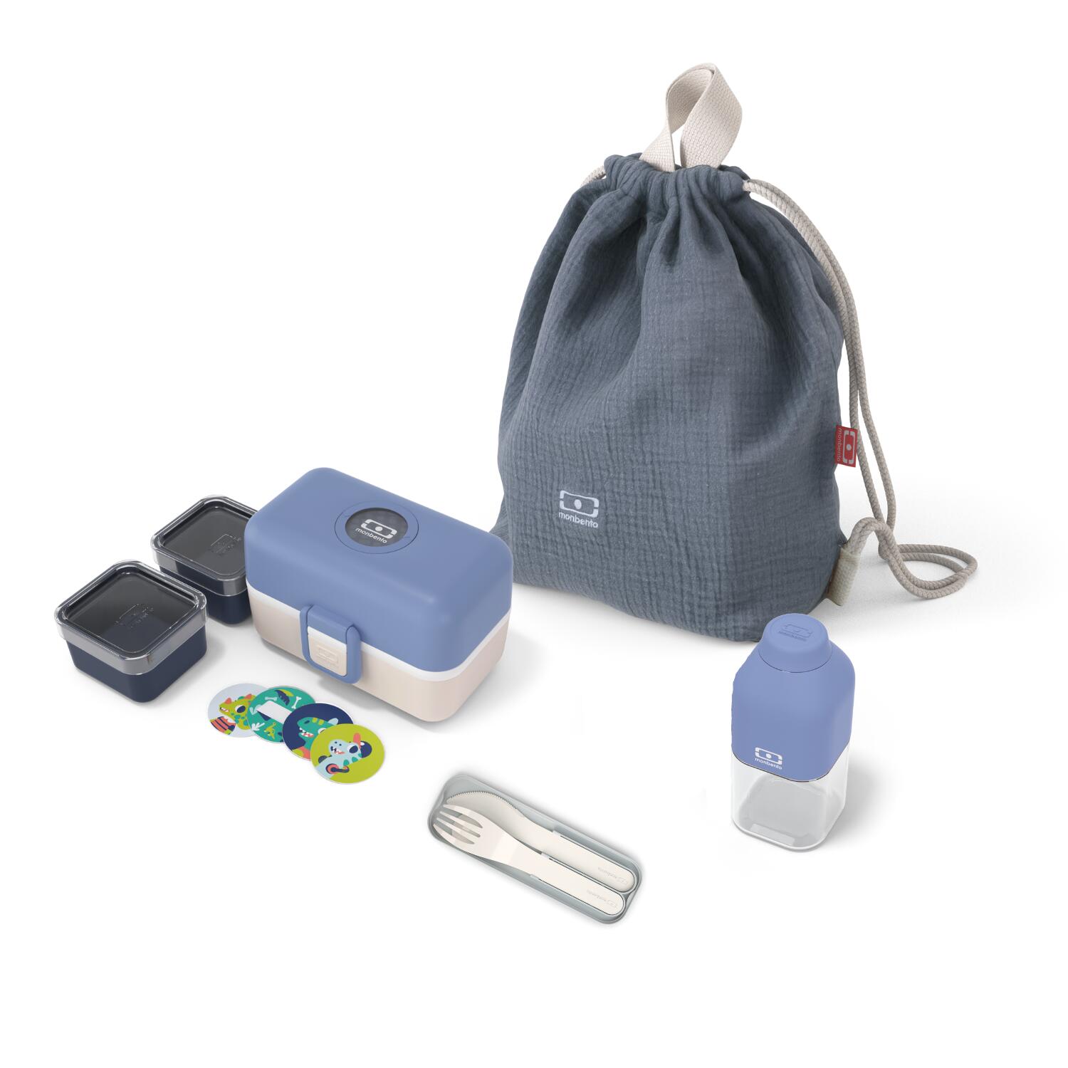 MONBENTO Set pranzo/merenda Blu/Beige con accessori |Bambino |Scuola, picnic