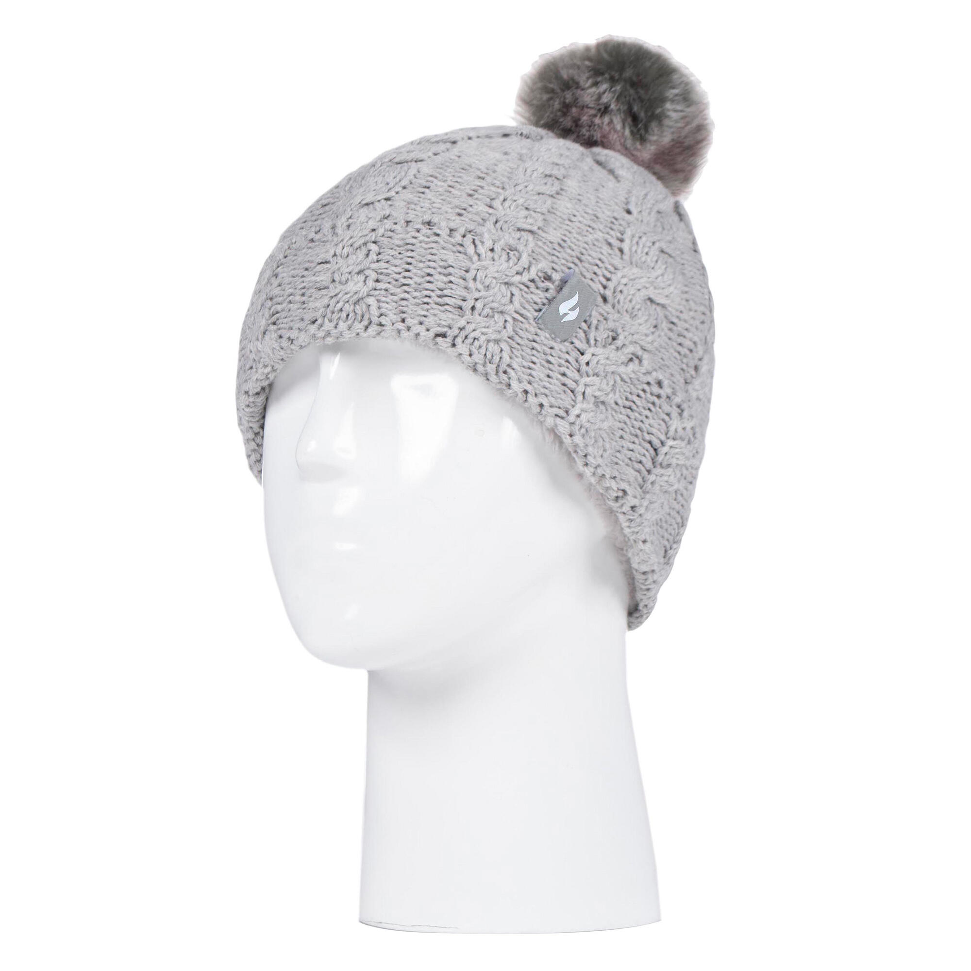Girls Cable Knit Bobble Pom Pom Thermal Hat & Gloves Set 3/4