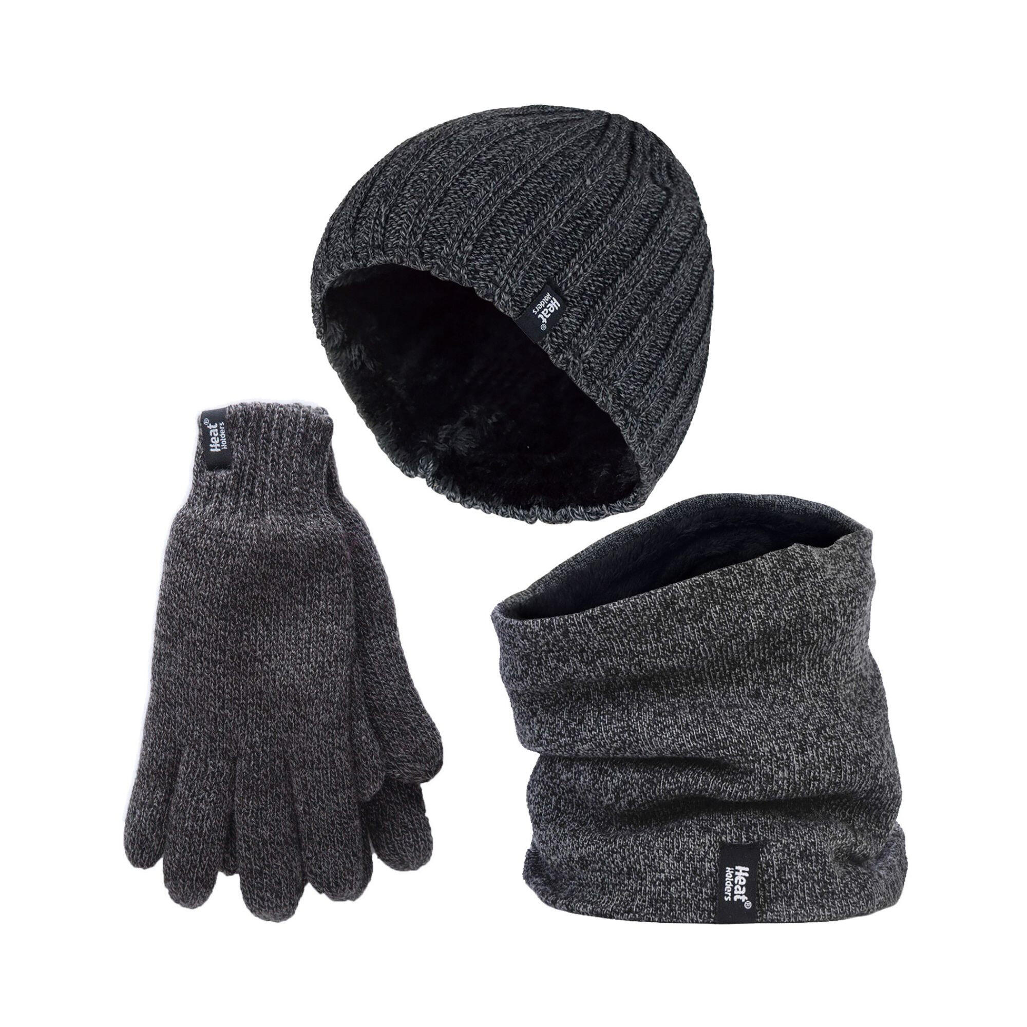 HEAT HOLDERS Mens 3 Pack Thermal Set Beanie Hat Neckwarmer and Gloves Set