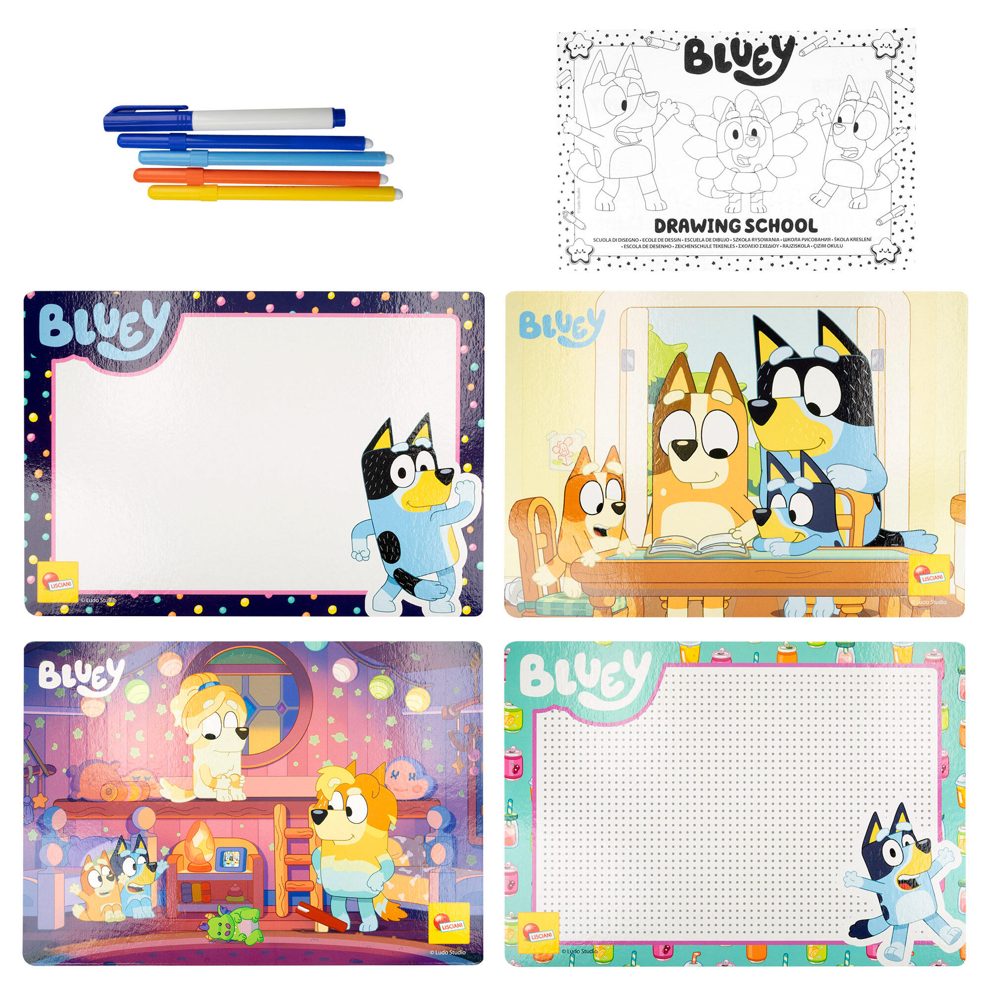 Pack Bluey patinete, kit de desenho, borbulhador e set pequeno-almoço 5/7