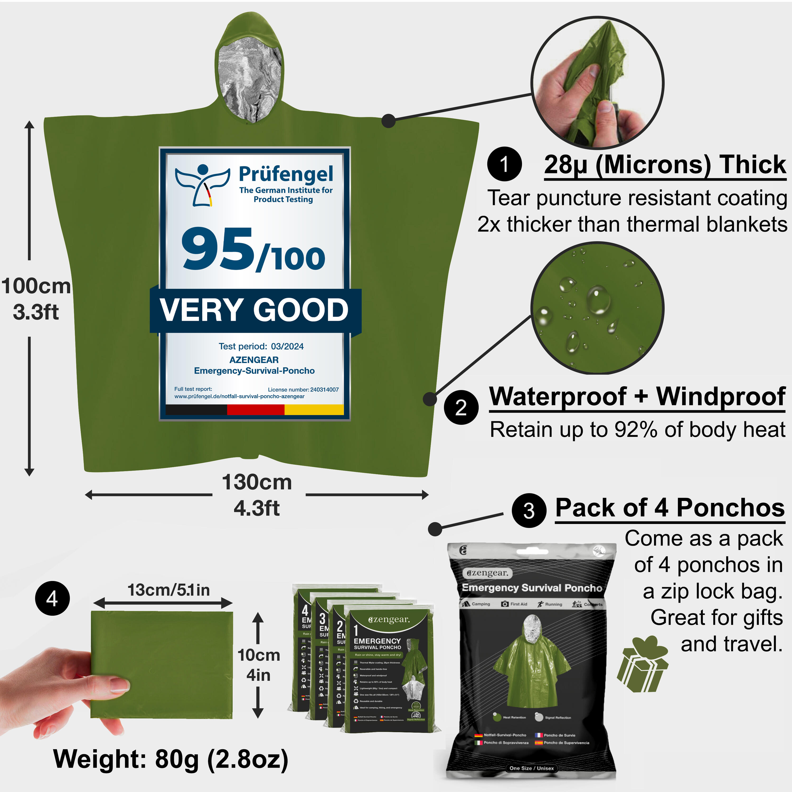 Poncho de Survie d'urgence (Lot de 4) Couverture Thermique en Mylar, Imperméable 3/9
