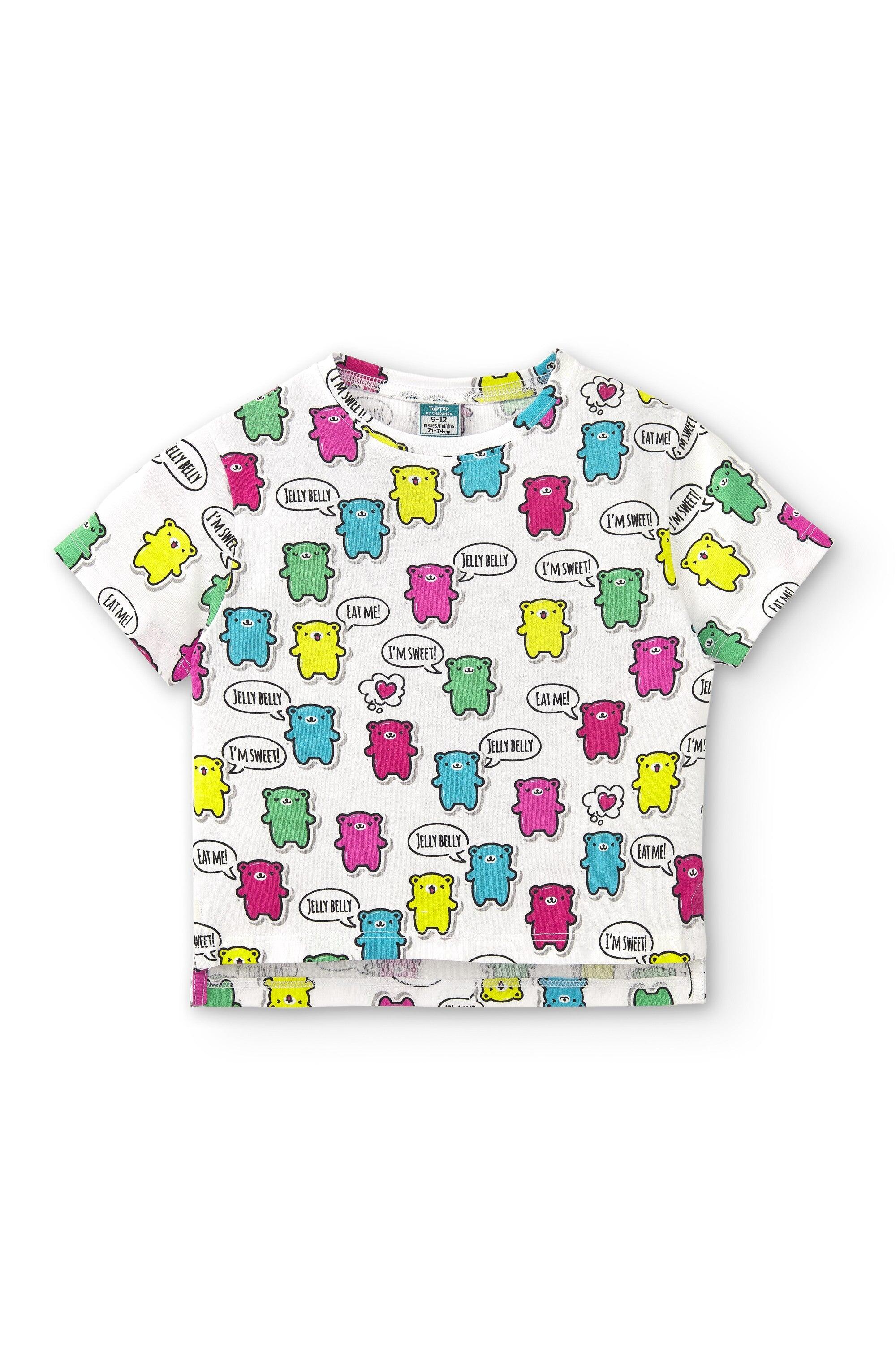 Camiseta branca para bebê menina com estampa multicolorida de ursinhos de 2/5