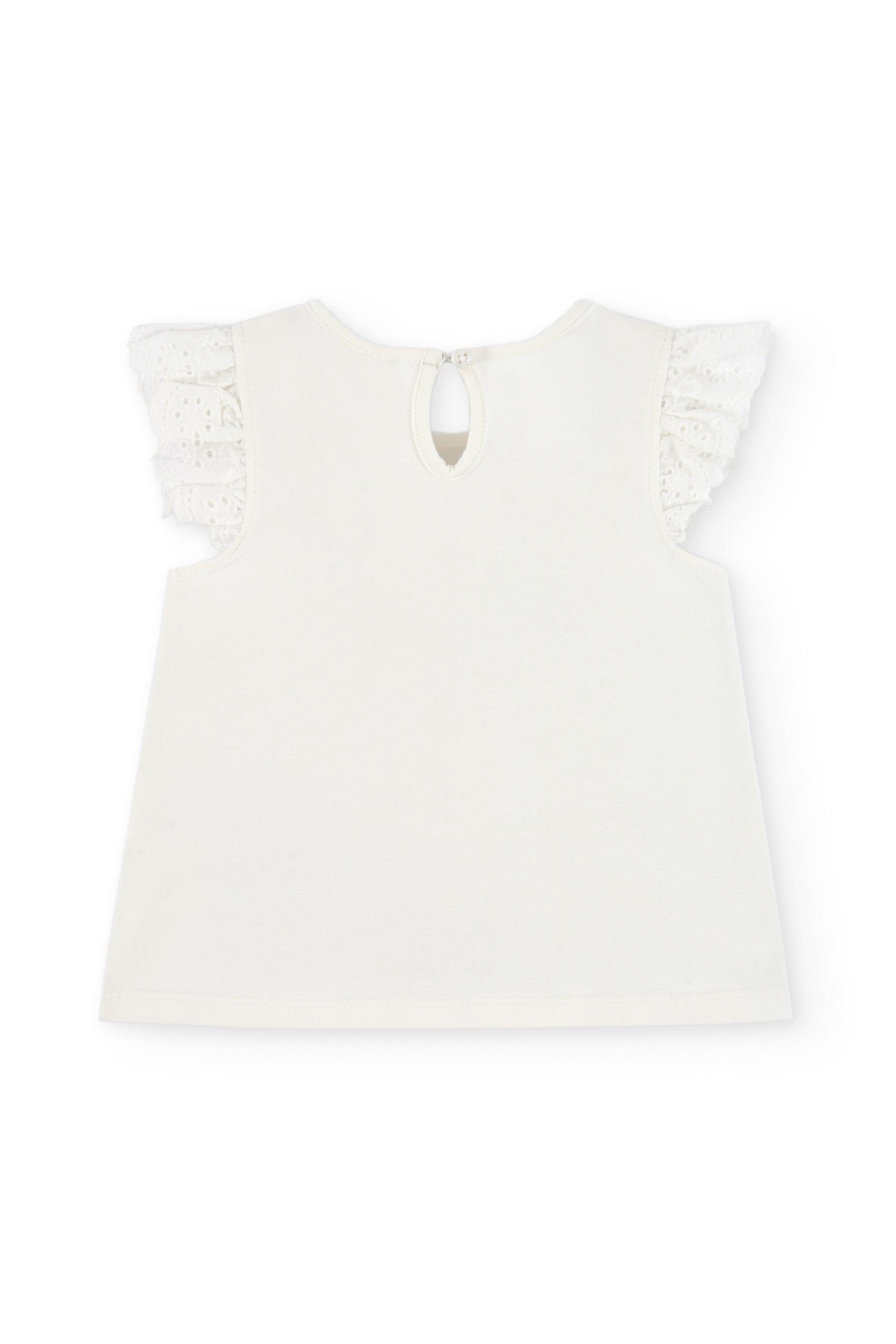 Camiseta infantil off-white com babados bordados e estampa "Hello 2/4