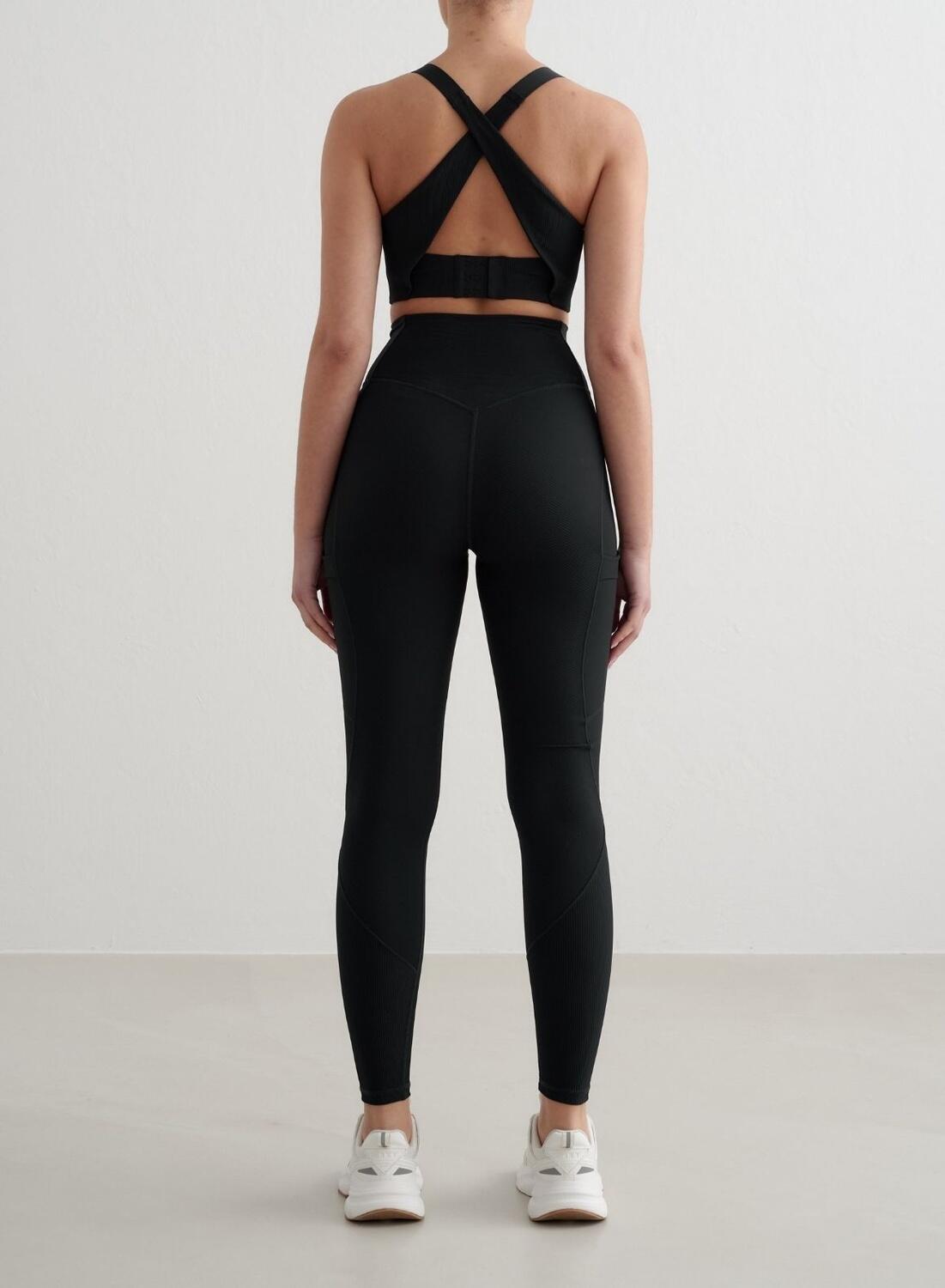 Damskie legginsy prążkowane, wysoki stan, boczna kieszeń Performance czarne 5/6